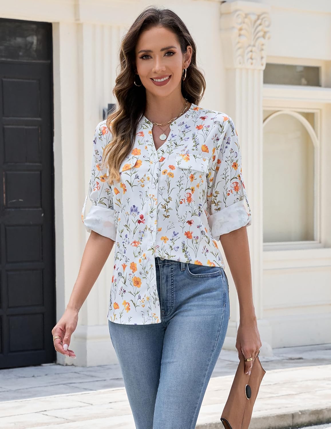 AGSEEM Button Down Shirts for Women Dressy Floral Printed Long Sleeve Blouse Business Casual Work Tops - Image 7