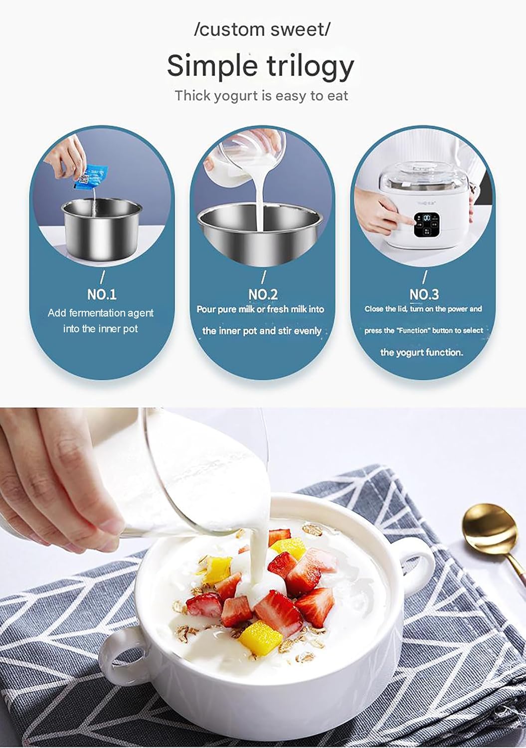 1L Probiotic Yogurt Motor, Yogurt Maker Machine with Touch Screen Display, 4 Ceramic Cups, Three-dimensional Constant Temperature, Natto Maker