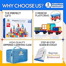 Magnetic Tiles 150 PCS (XL SET), Magnetic Tiles for Kids, Toy for 3 4 5 6 7 8 Year Old Boys & Girls, Large Building Set, Great Gift for Kids Aged 3-8, Gift Box, + Bonus Zippered Carrying CASE