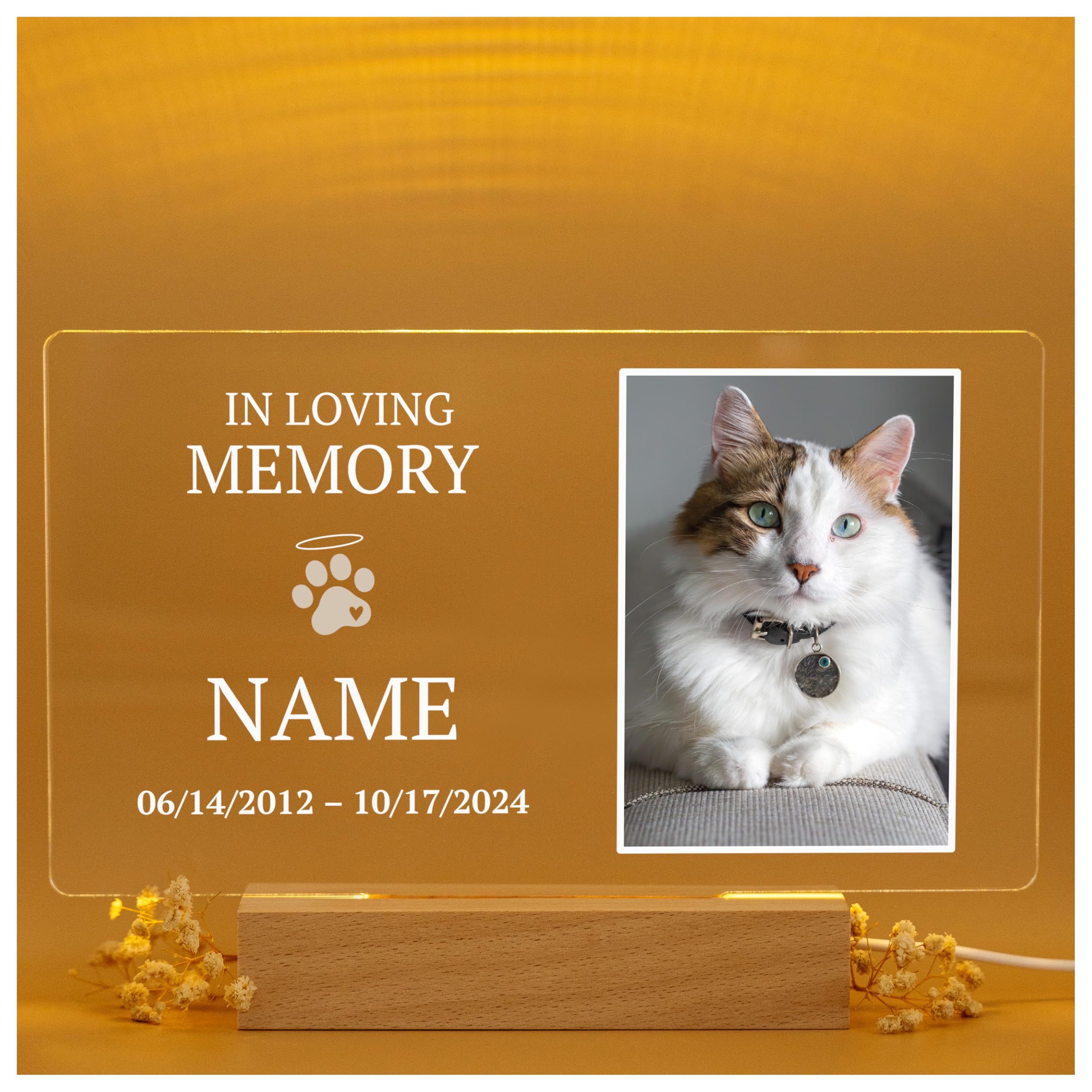 Florithings Cat Memorial Gifts/Memorial Gifts/Pet Memorial Stones/Personalized With UV Printed Acrylic/LED Base For Perfect Ambiance