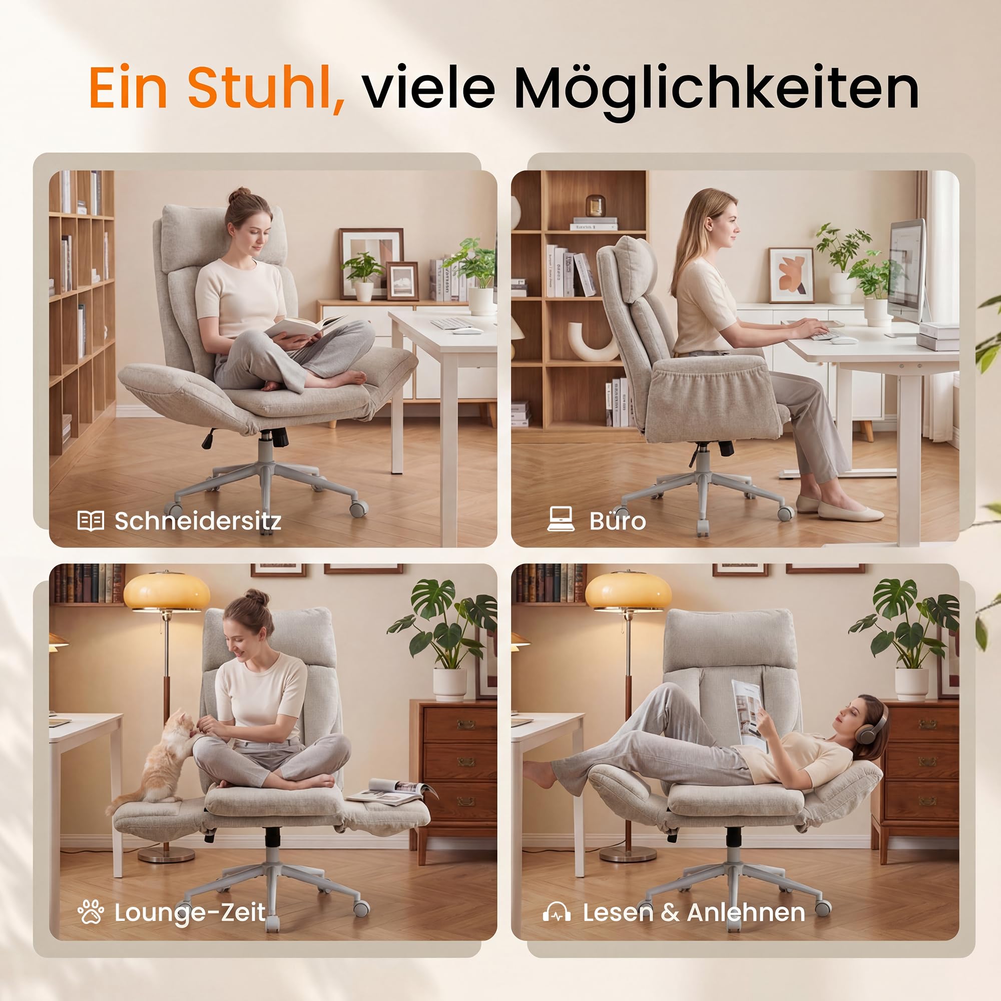 Großer Bürostuhl ergonomisch, Chefsessel mit klappbaren Armlehnen, höhenverstellbar Schneidersitz Schreibtischstuhl mit Rollen, Chenille Drehstuhl mit Verstellbarer Lendenstütze, Grau