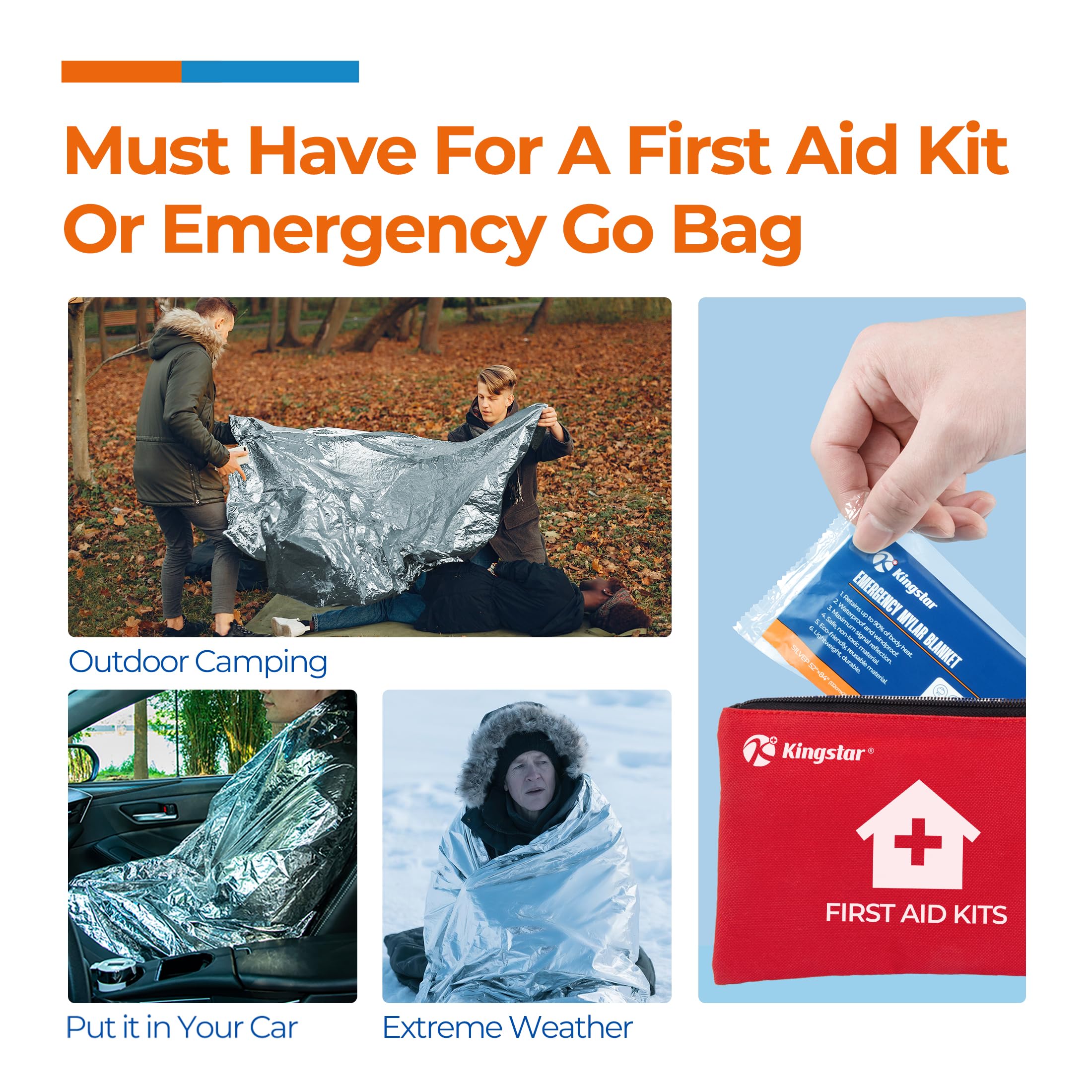 K Kingstar Cobijas de emergencia (120 paquetes) mantas térmicas de Mylar para supervivencia y protección, manta espacial de supervivencia, kits de supervivencia ideal para exteriores, senderismo,