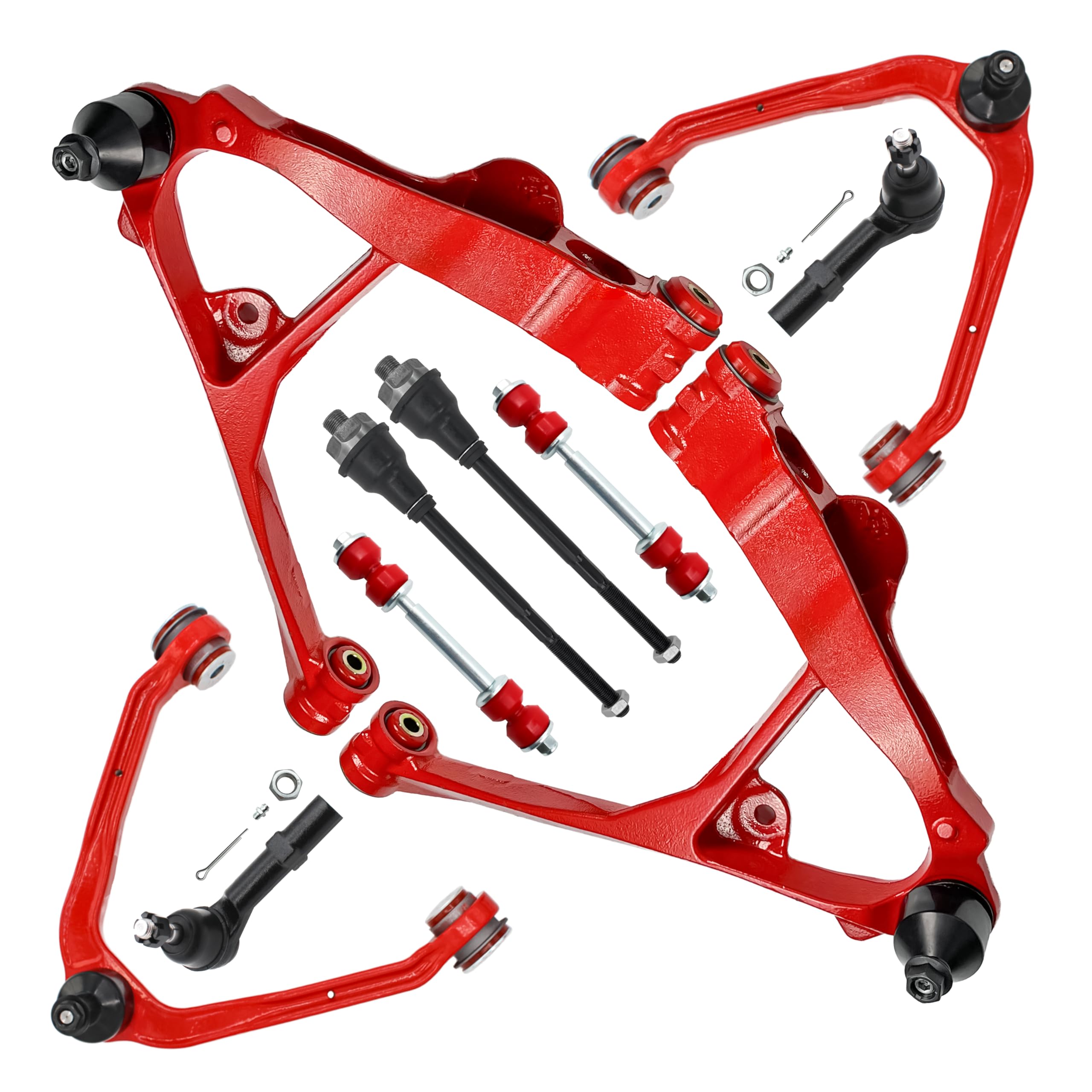10pc Front End Lower & Upper Control Arms Suspension Kit for Chevy GMC Silverado Sierra Suburban Yukon XL 1500 Tahoe Cadillac Escalade ESV EXT, 4 Control Arms w/Ball Joints 4 Tie Rods 2 Sway Bars