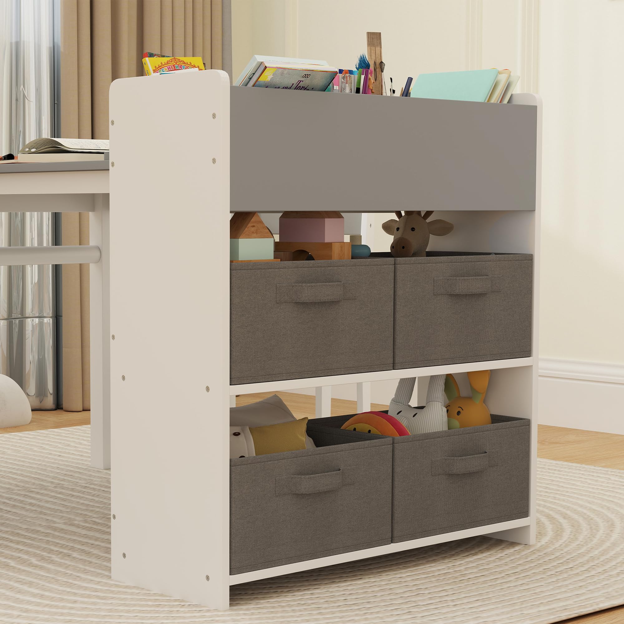 AIYAPLAY Set Tavolo e Sedie per Bambini 3-8 Anni con 2 Sedie e Tavolino con Spazio Contenitore, Mobili per Bambini in Legno di Pino e Tessuto non Tessuto, Bianco e Grigio