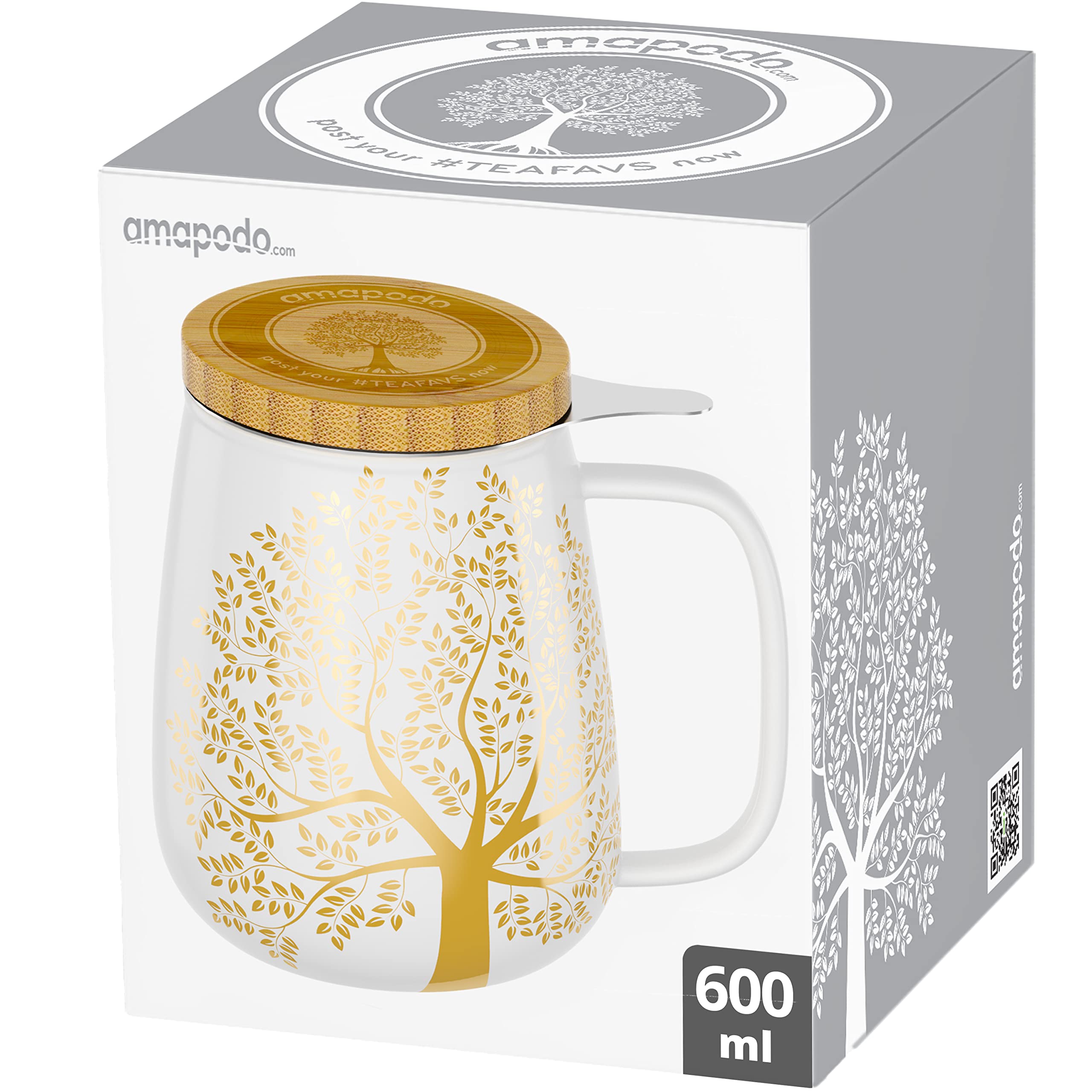 amapodo Teetasse mit Deckel und Sieb - 600ml Porzellan Tee Tasse groß - Jumbotasse - XXL Tea Cup Set Weiß - plastikfrei