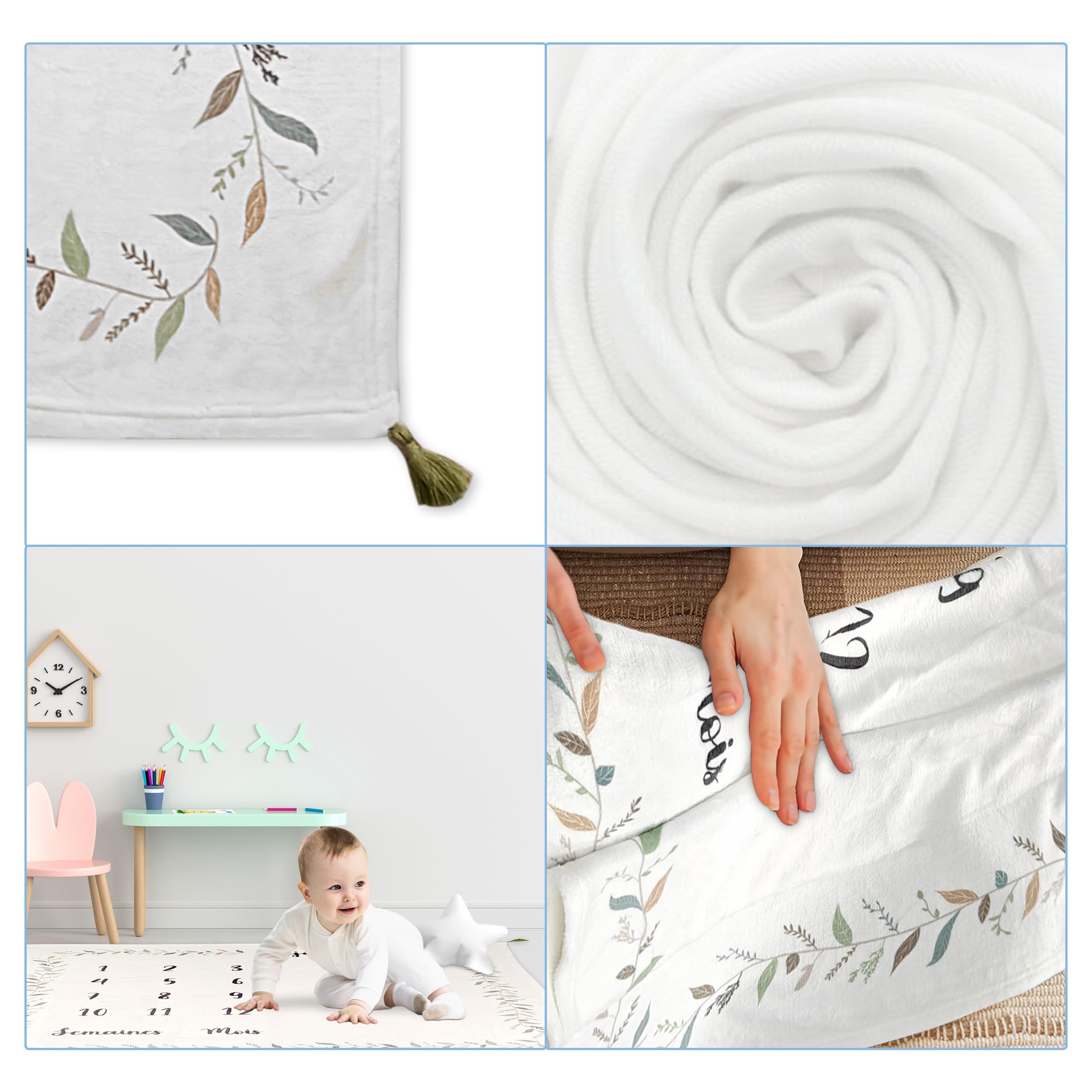Babyfun Couverture Etape Bebe Imprimée Double Face – Tapis Mois Bebe en Français - Tapis Photo Bebe Mois - Cadeau Naissance Fille ou garçon - Label Oeko-TEX - Accessoires et Boite Cadeau Inclus