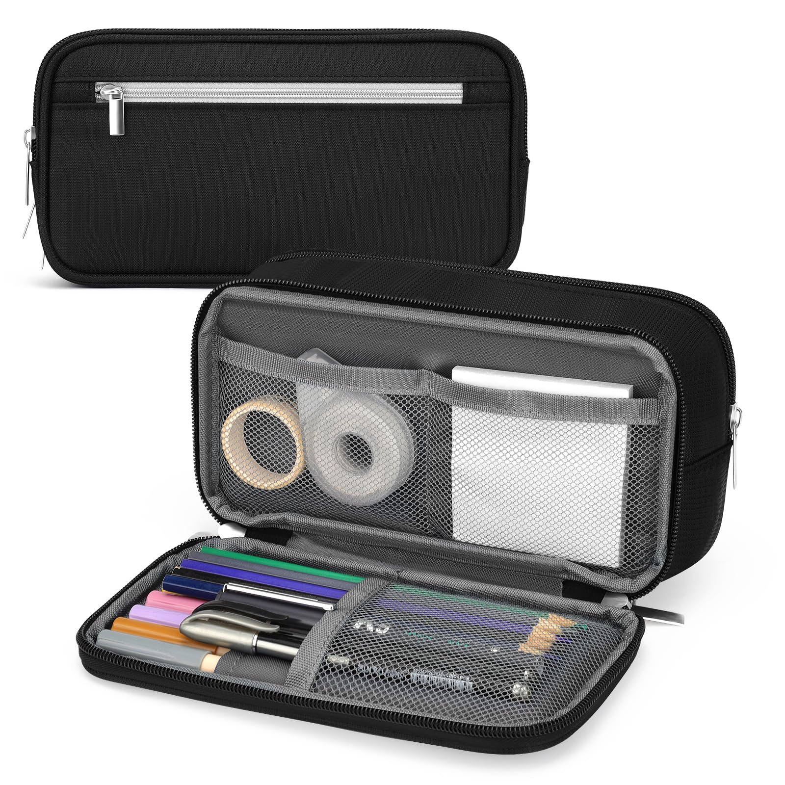 Maomaoyu Estuche de gran capacidad para niños y niñas, con triple bolsillo con cremallera, ligero, resistente al agua, color negro
