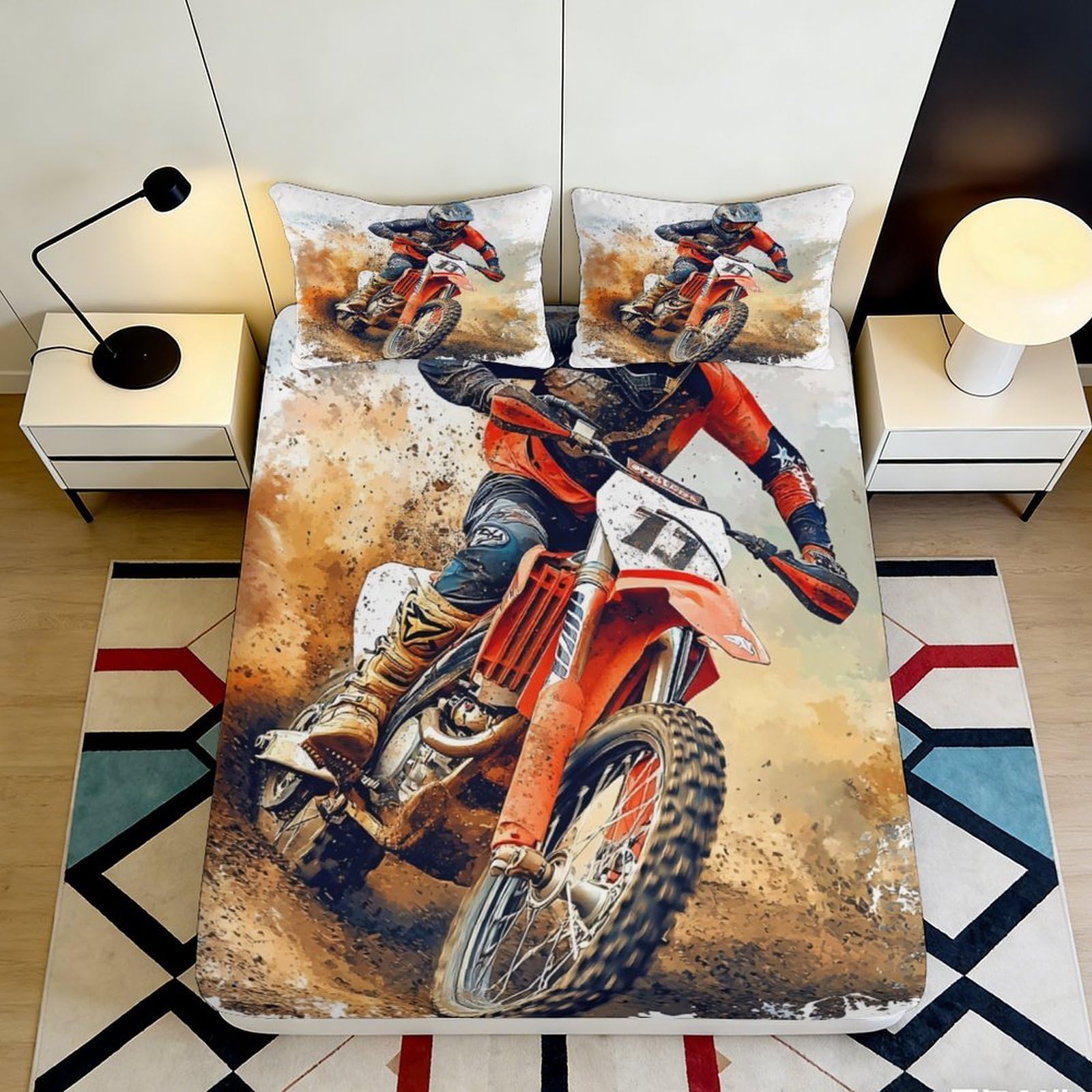 3D Printed Motocross Racing Fitted Sheet Microfiber Soft Dirt Bike Bed Cover for Bedroom Guest Room Decor Protection 90x200x25cm