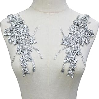 PEARLY JUN 1 Pair Rhinestone Beaded Applique Patches Silver White Handcrafted Clothing Diamond DIY for Evening Dresses Bridal Gowns Dance Costumes Embellishments