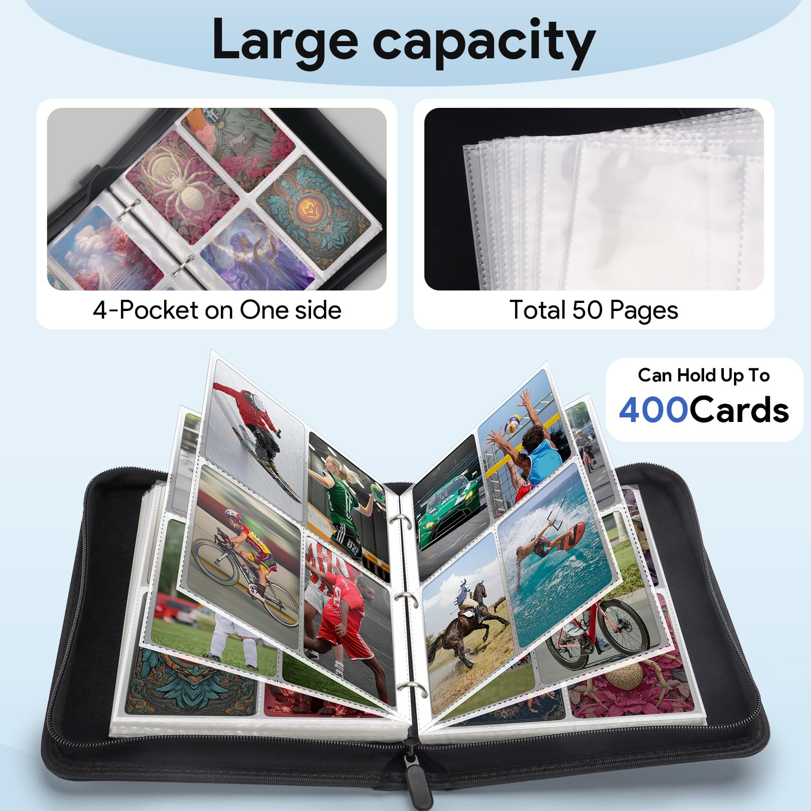 Hanqing Trading Card Binder, 4 Pocket Trading Card Album, Double-Sided Card Collection Folder with 400 Side Pockets - Image 3