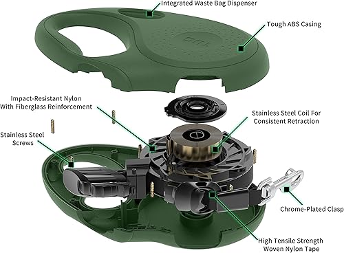 Miniatura 4 de TUG Correa retráctil ovalada de 360 sin enredos para perro con dispensador de bolsas de basura integrado (pequeño, verde)