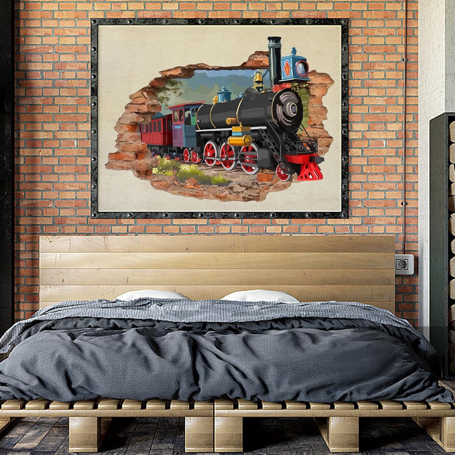 SUPERDANT 3D Retro Train Wall Sticker Train Break Through Wall Decal Peel and Stick Vinyl Art Mural for Children's Room Bedroom Livingroom Playroom Home Nursery Decoration Gifts 46x27in