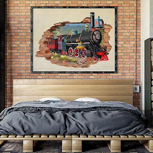 Miniatura 7 de SUPERDANT Calcomanía de pared de tren retro 3D, diseño de tren colorido que rompe a través de la pared, calcomanías de pared extraíbles para