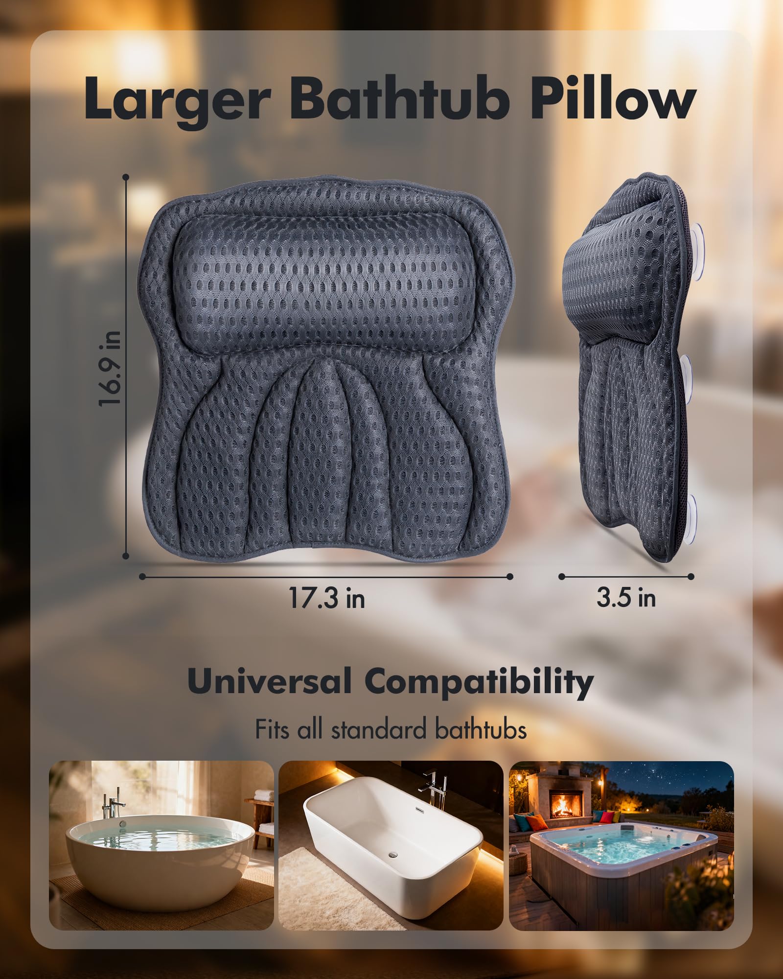 AOPOW Ergonomisches Luxus-Badekissen - 4D Air Mesh Bequemes Badewannenkissen mit Kopf-, Nacken-, Schulter- und Rückenstütze Wasserdichtes Spa-Kissen für Damen und Herren, Geschenke, 6 rutschfeste