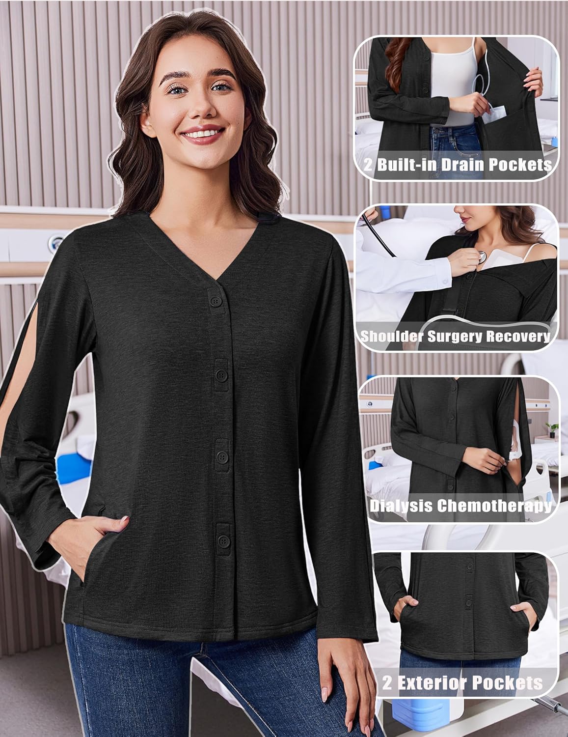 Deyeek Mastectomy Shirts with Drain Pockets Tear Away Side Snap Post Shoulder Surgery Shirts Women Chemo Port Dialysis Shirt - Image 4