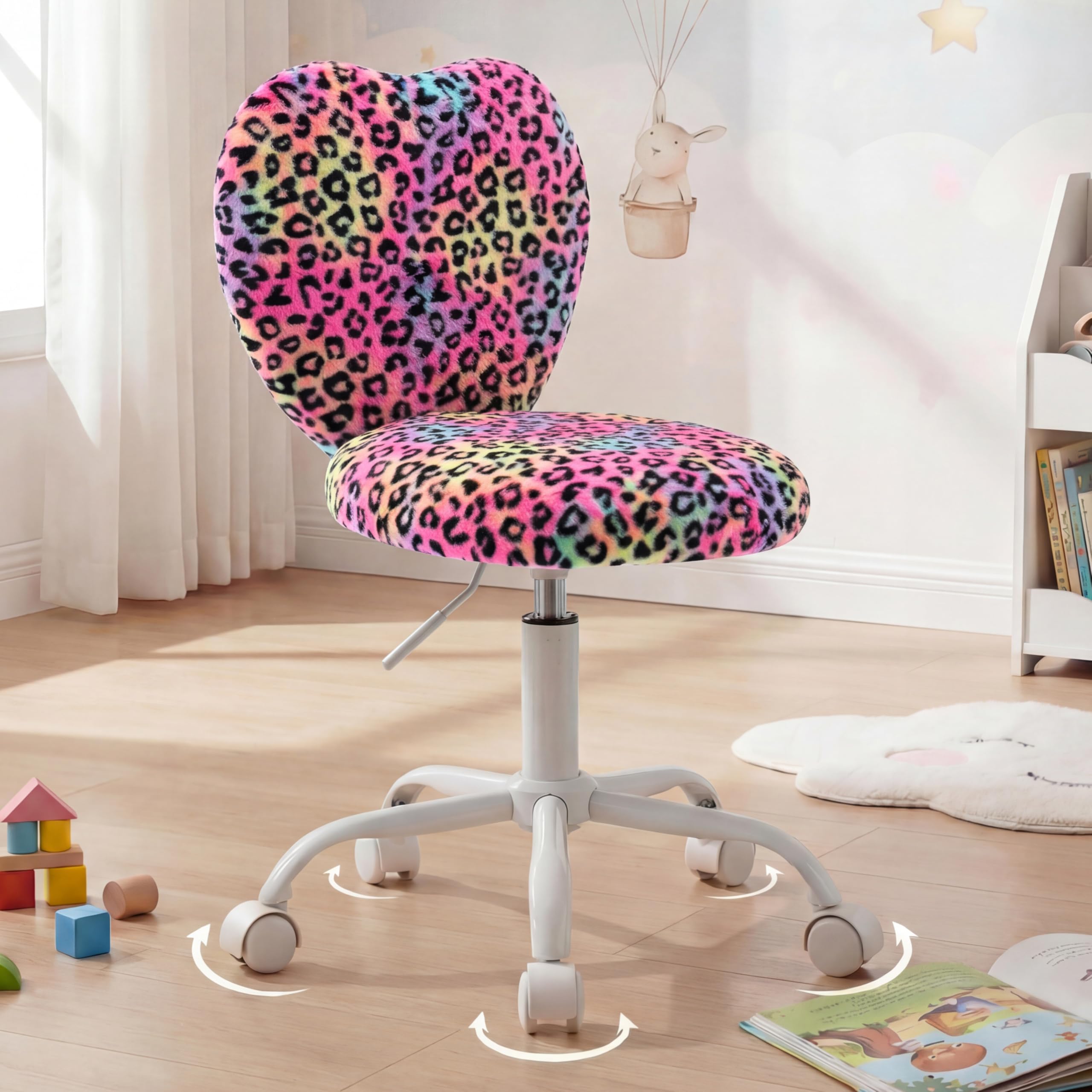 Cute Fuzzy Kids Chair Rolling Study Desk Chair Furry Studing Computer Task Chair Faux Fur Swivel Vanity Chair for Girls Boys Bedroom, Red Leopard