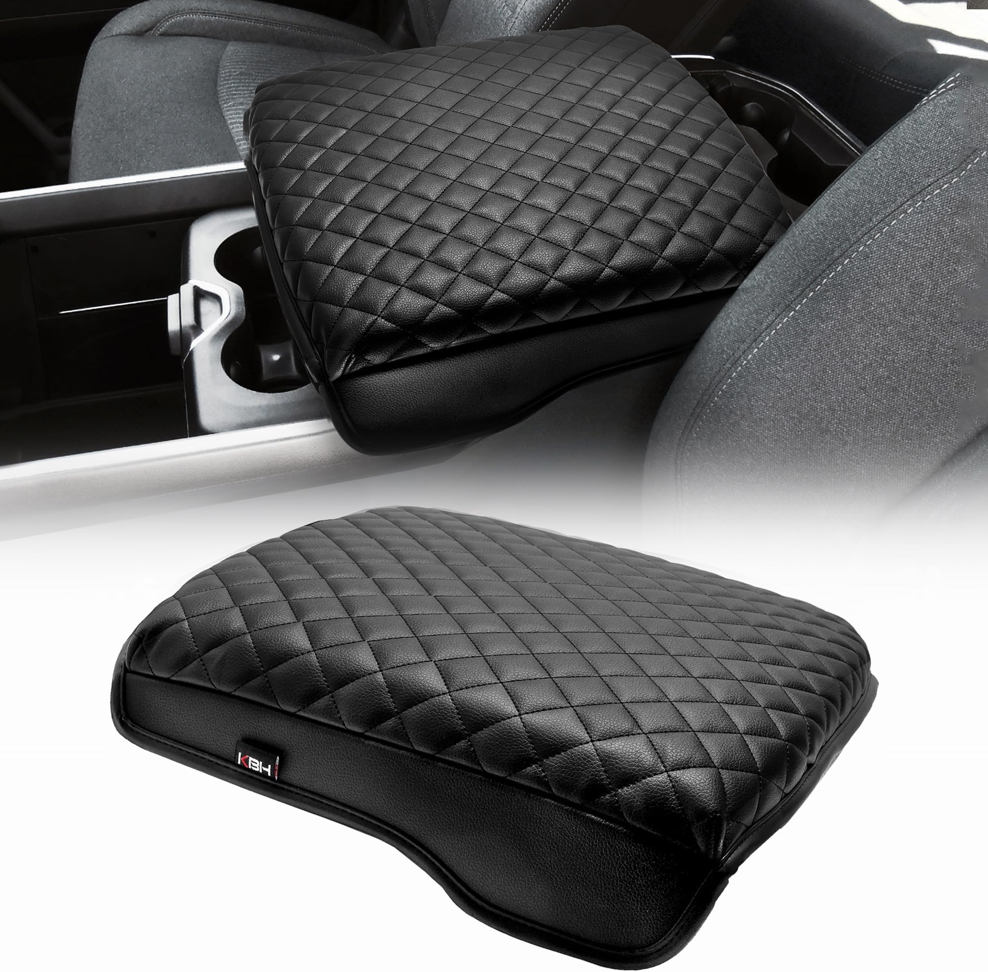 KBH Auto Center Console Cover Armrest Cushion Pad for Dodge Ram 1500 with Bucket Seat Accessories 2019 2020 2021 2022 2023, PU Leather Console Lid Covers Protector, Anti-Scratch, Black