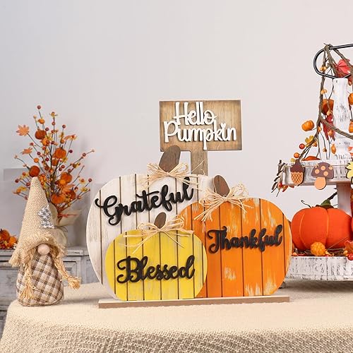 Miniatura 4 de SY Super Bang Decoraciones de Otoño para el Hogar, Letrero Rústico de Madera Bendecido Agradecido Afortunado de Calabaza para Mesa, Decoración de