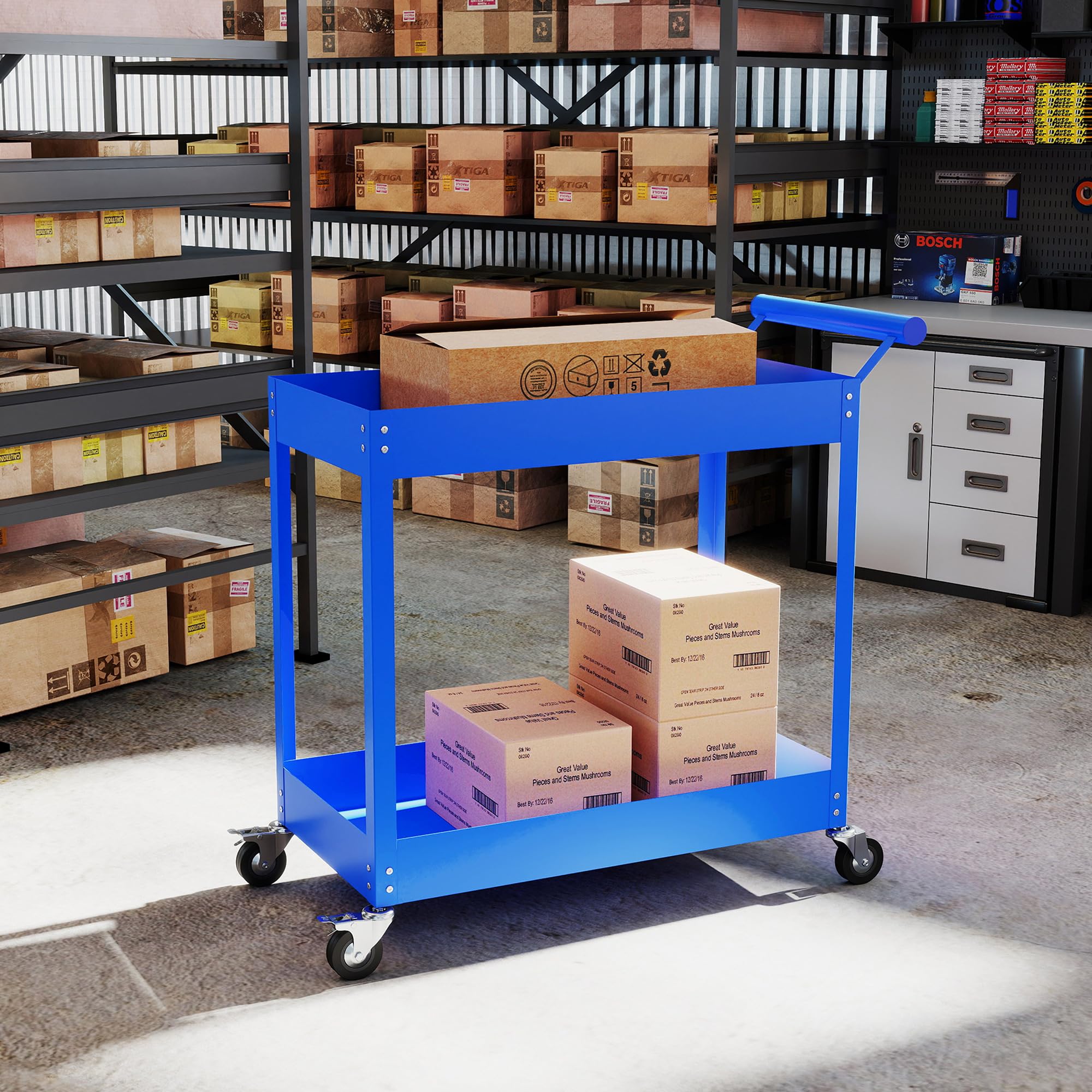 DURHAND Carrello da officina per officina, carrello per attrezzi a 2 livelli, maniglia laterale e ruote bloccabili, per garage, magazzino, utensili fai da te, carico 150 kg, 84,5 x 38 x 84 cm, blu