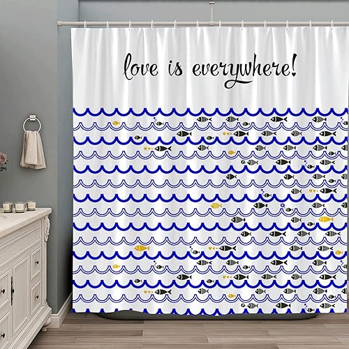 Cortina de ducha con diseño de rayas azul marino, temática náutica, playa, peces tropicales, vida marina, océano, abstracto, ondas de mar, línea