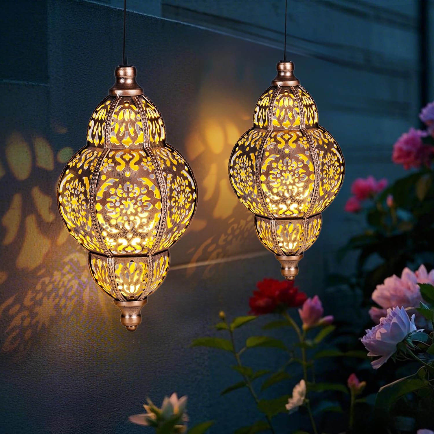 Hanging Solar Lanterns,Outdoor Garden Decor Solar Lantern Metal Moroccan Yard Art Gardening Decorative,Outside Hanging Lights Christmas Decorations for Gazebo Patio Chandelier Garden Gift - Image 7