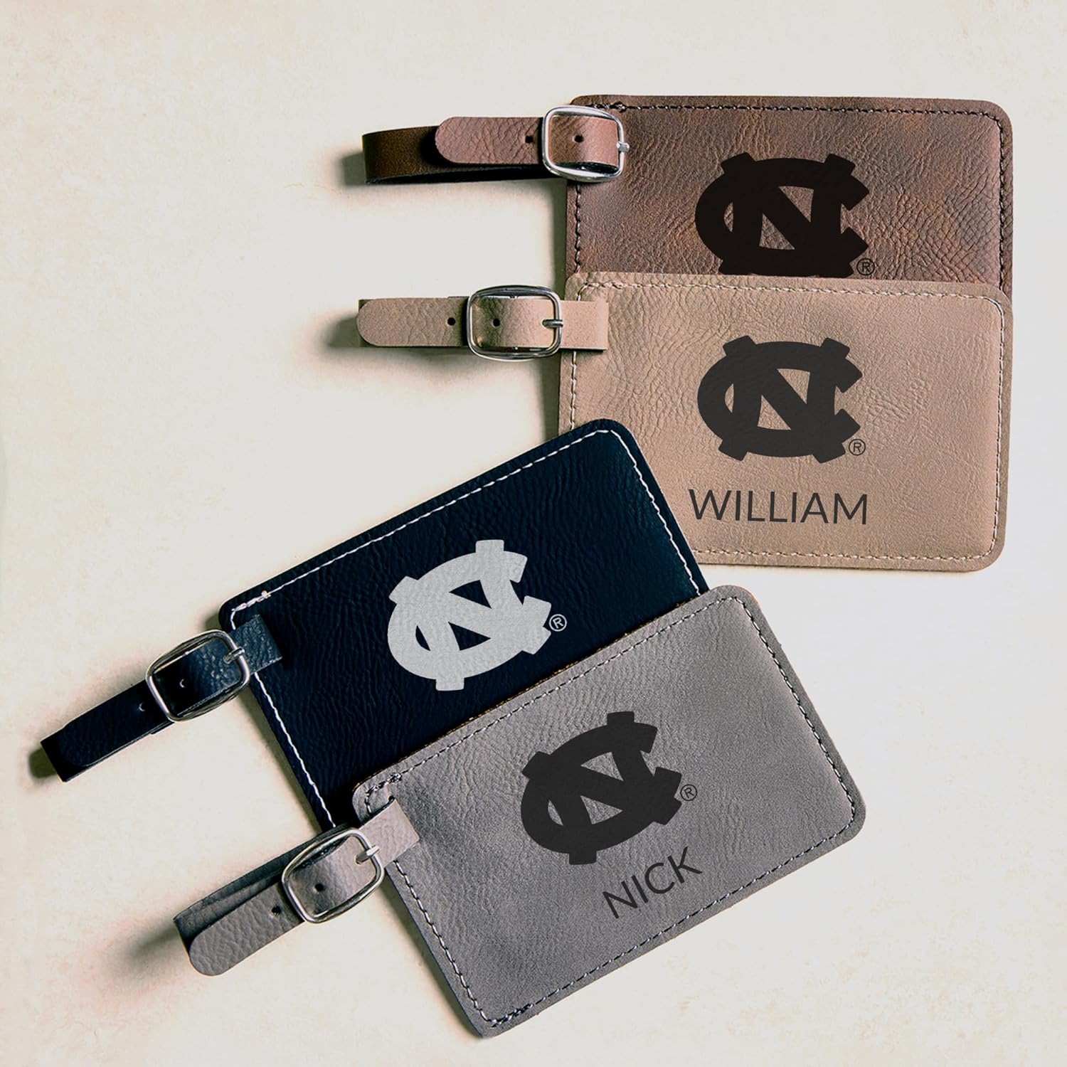 Lifetime Creations Pair (2) Personalized UNC Tar Heels Luggage Tags – Gray Vegan Leather, Black Engraving – Officially Licensed North Carolina Travel Gift