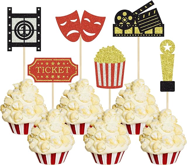 Gyufise 24 Pack Movie Cupcake Toppers Glitter Movie Night Roll Camera Popcorn Cupcake Picks for Cinema Theme Baby Shower Kids Birthday Party Cake Decorations Supplies