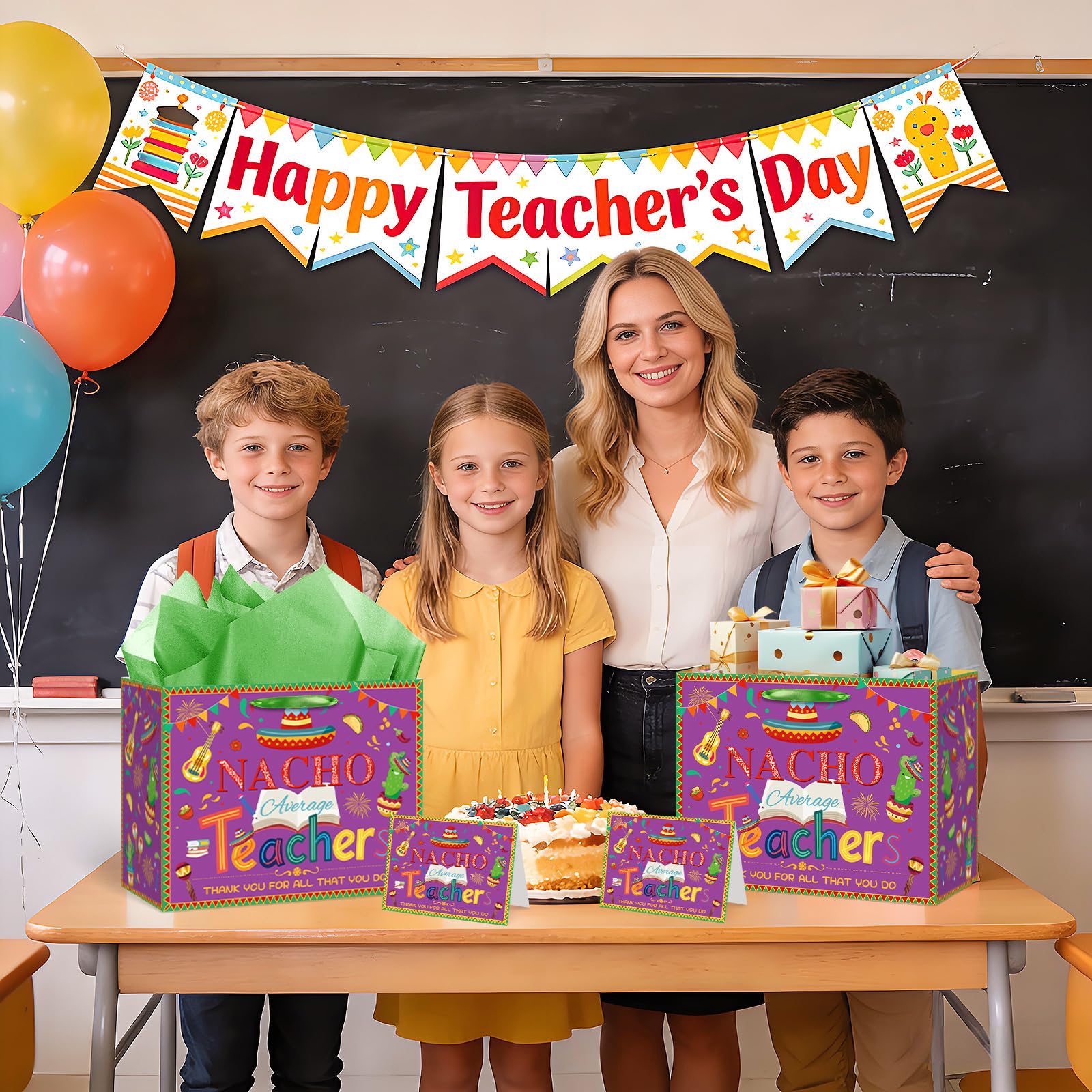 Woosytoo Nacho Average Teacher Appreciation Gift Bag with Wrapping Paper Card Mexican Fiesta Teacher Appreciation Week End of Year Thank You Gifts for Women Men Educators Daycare Tutors Best Presents