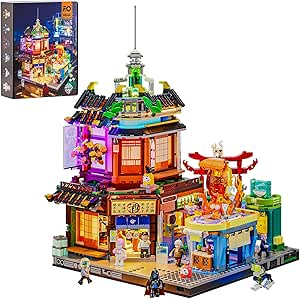 FUNWHOLE Cyberpunk Japanese-Izakaya Lighting-Building-Bricks Set - Cyberpunk Neon City Future Japanese Street View House Collection LED Light Model Display Set 1987 Pcs for Adults and Sci-fi Lovers