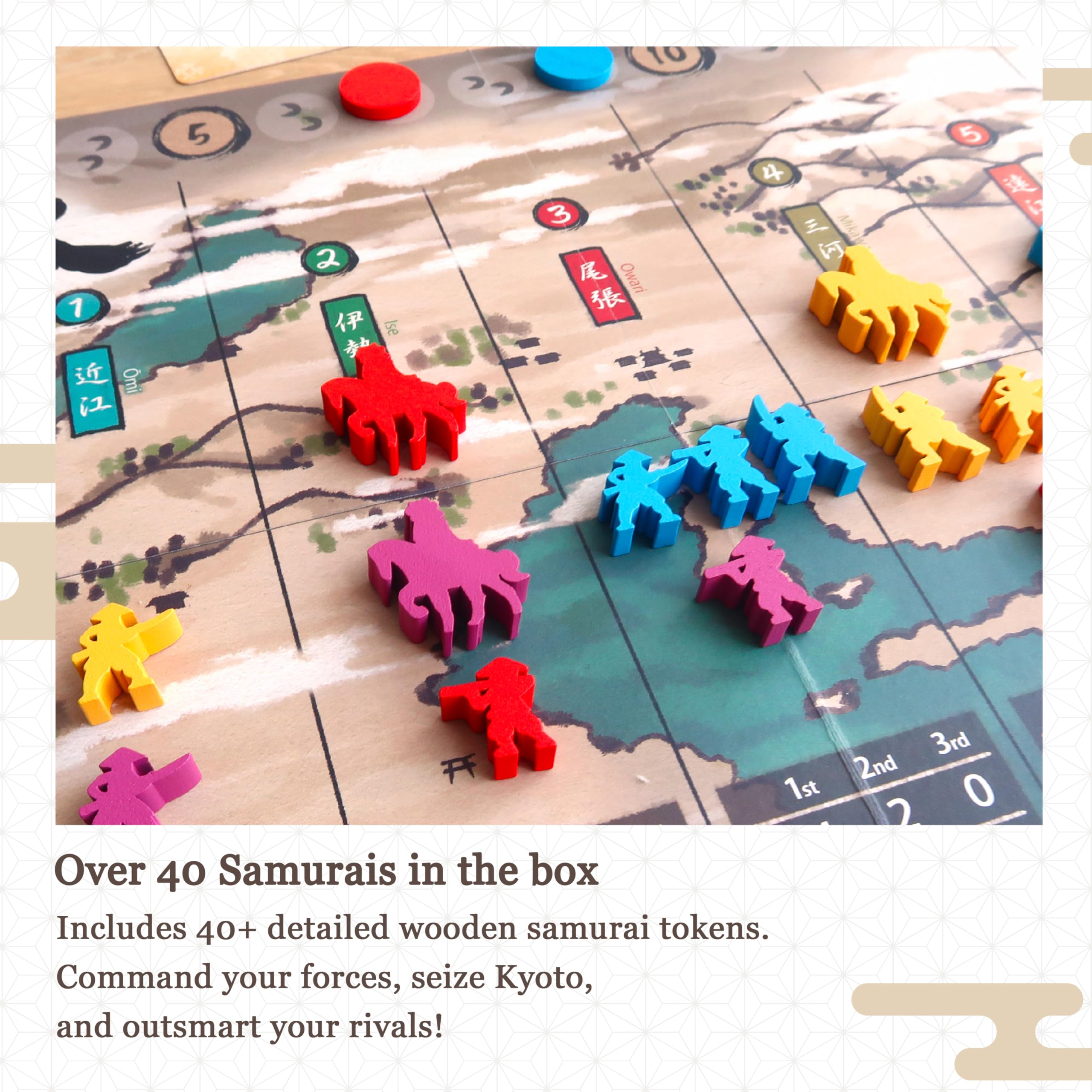 Joraku Deluxe Strategy Board Game, 40 Samurai Meeples in legno, controllo dell'area e meccaniche per prendere trucchi, per appassionati di giochi di strategia, 2-4 giocatori, 20
