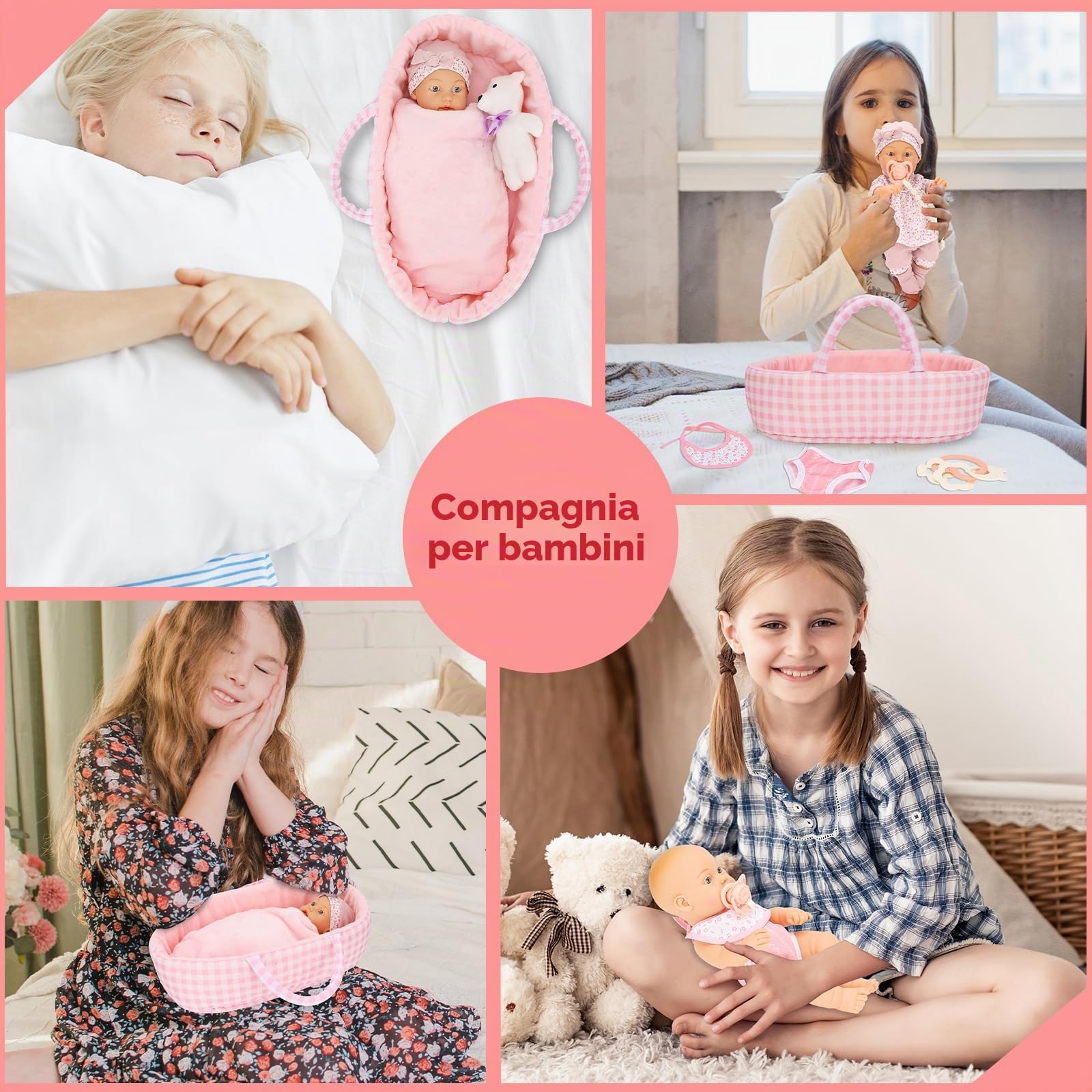 Miunana 1 Bambola Bambolotto New Born 30 CM 12 Pollici + Accessori | Bambola + Cappello + Vestito + Calze + Tasca + Pantaloncino + Bambola Calmante + Coperta + Cesto Da Letto + 4 Accessori