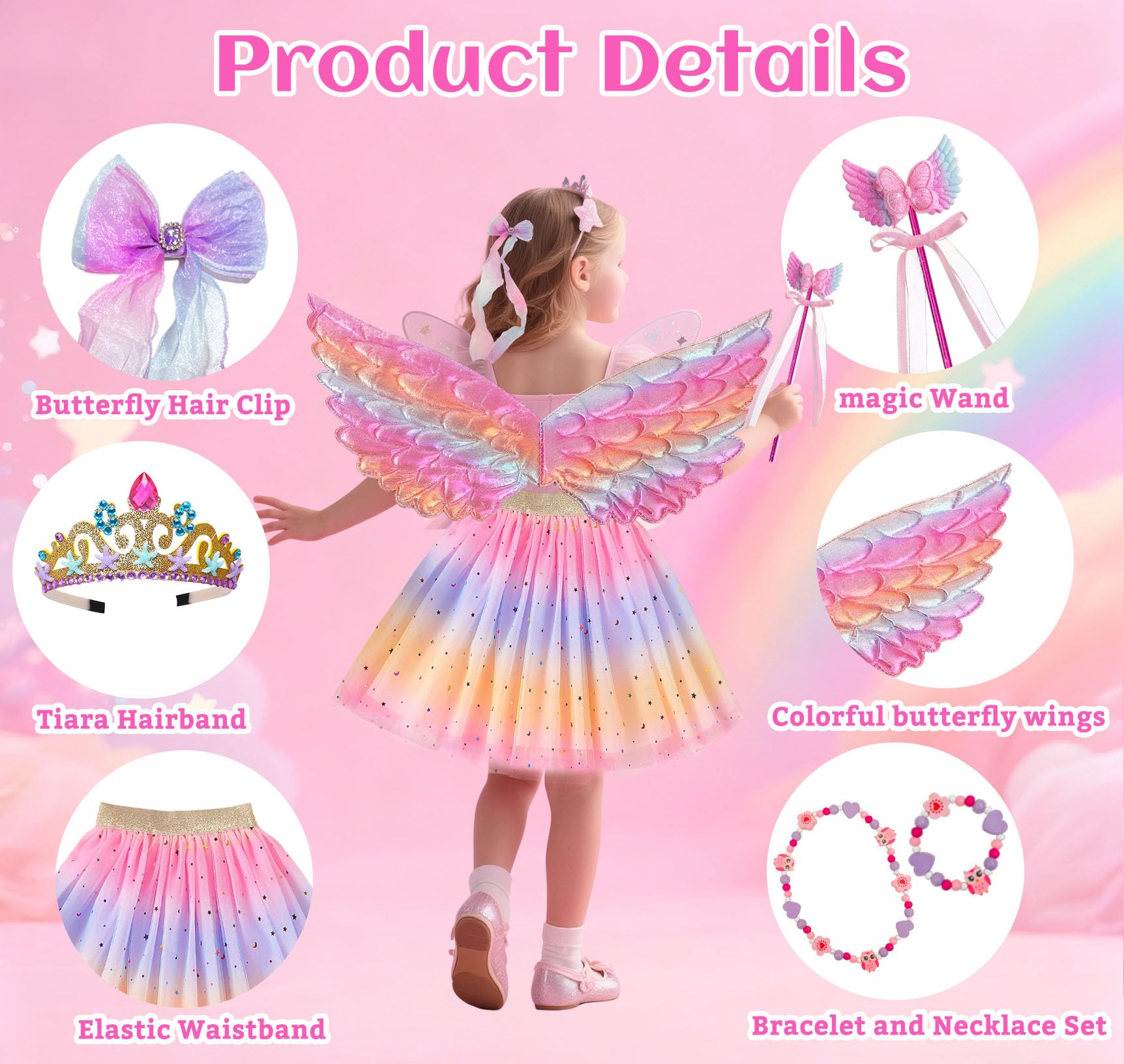 7 Pcs Fairy Costume for Girls Butterfly Fairy Wings Kids Party Dress Up Kit with Crown Headband Skirt Magic Wand Necklace Bracelet Hair Clip Kids Angel Princess Outfit for Parties and Role Play - Image 3