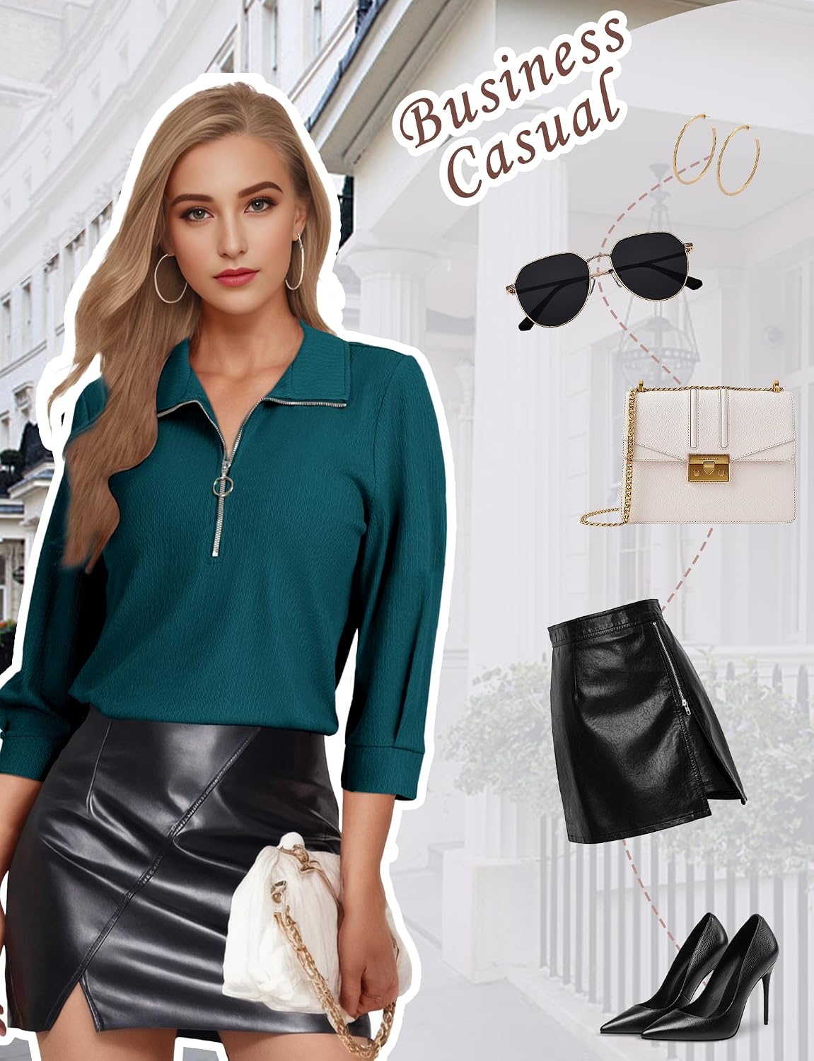 ZENUTA 3/4 Length Sleeve Womens Tops, V Neck T Shirts Zipper Collar Work Blouses for Women Dressy Casual Polo Shirts Fall Top