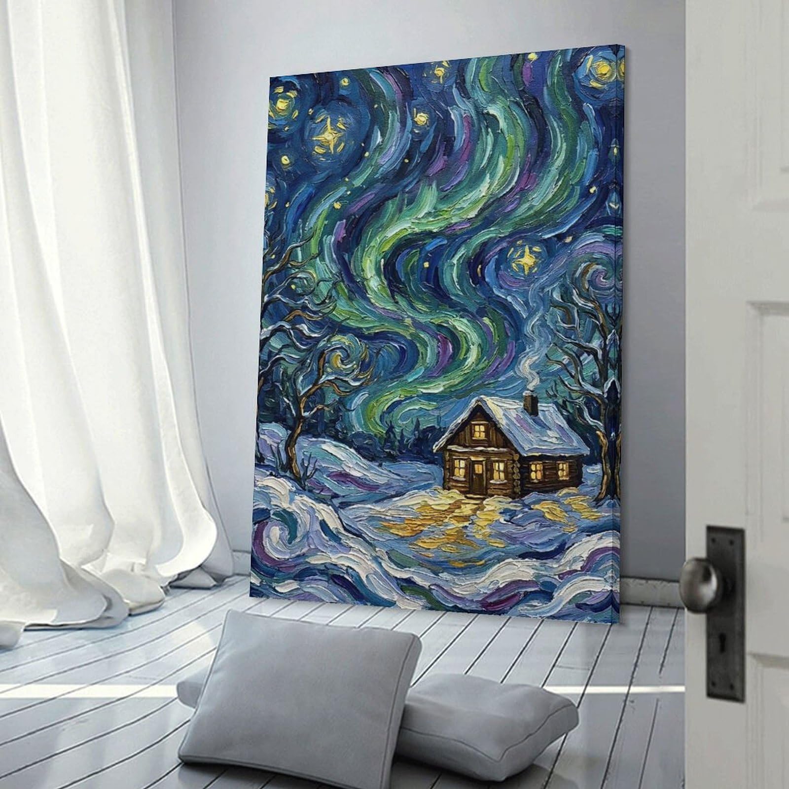 Junmoney Winter Cabin Under Aurora Borealis Painting Wall Decor Canvas Print, 16x24inch(40x60cm), for Home Lounge, Bedroom Or Reading Nook, Decorative Artwork for Empty Walls