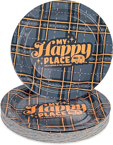 Camco Platos de papel Life is Better at The Campsite  7 pulgadas  Cuadros azules  25 unidades (53494)