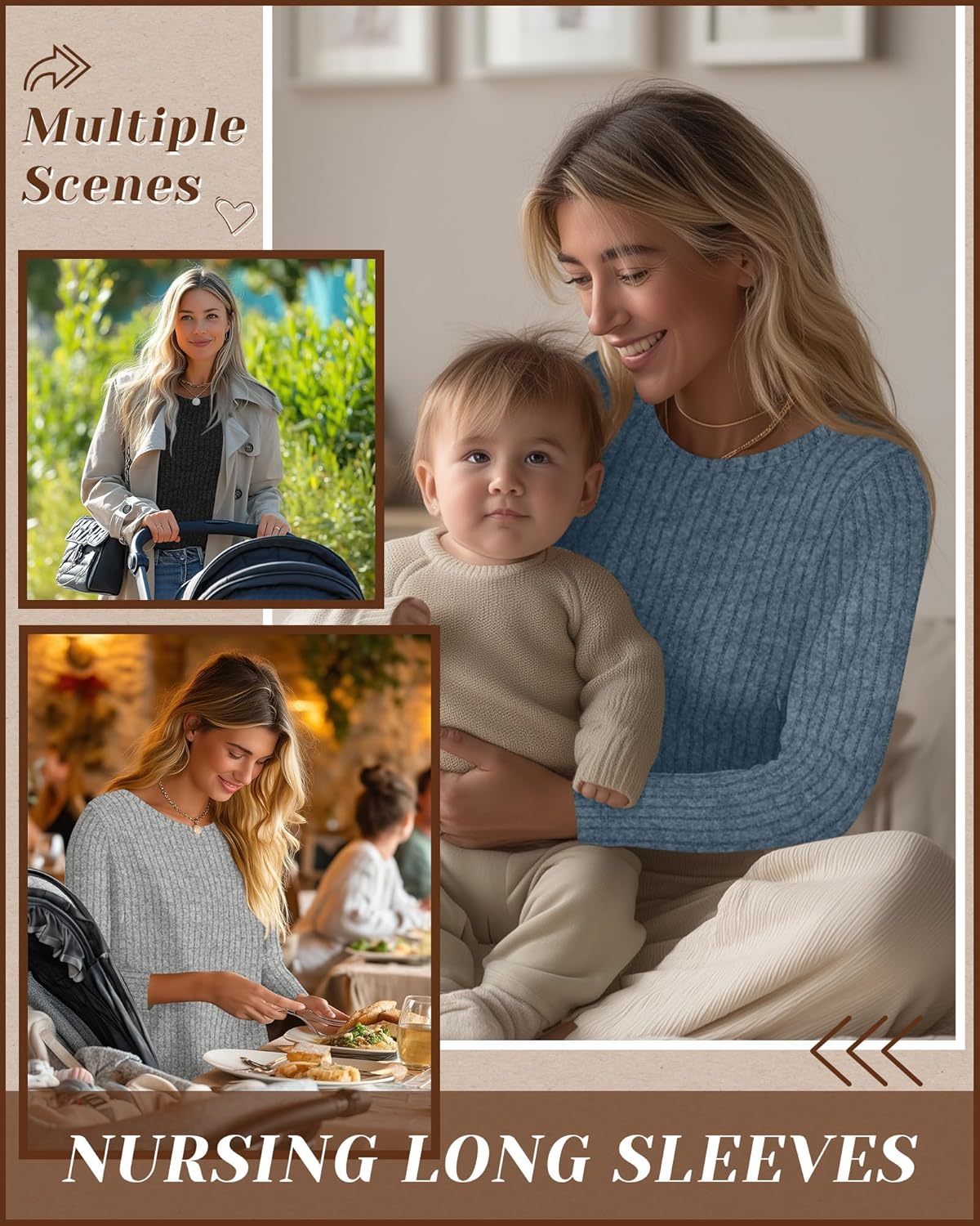 3 Pack Women's Nursing Tops Breastfeeding Shirts Long Sleeve Maternity Ribbed Sweaters with Hidden Zipper - Image 2