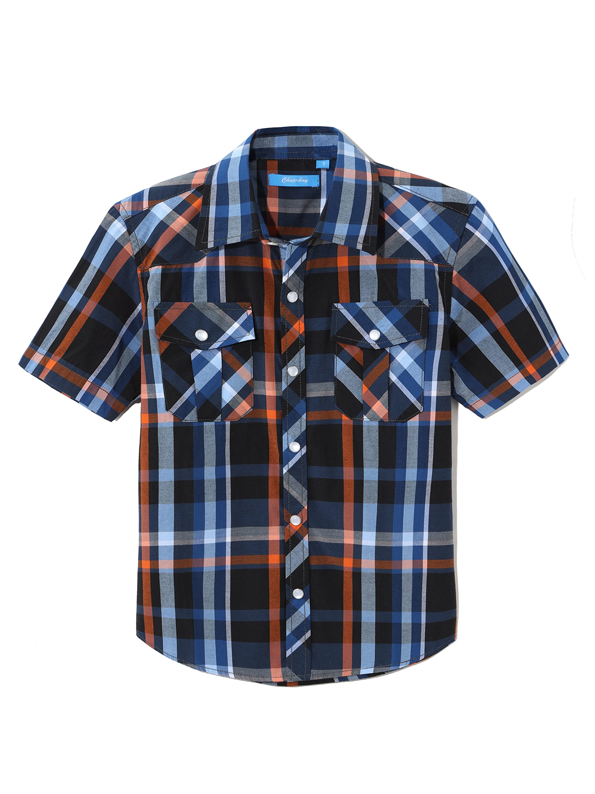 CHEERBOY Boy's Toddler Kids Casual Short Sleeve Western Pearl Snap Button Plaid Shirt 4-16 Years