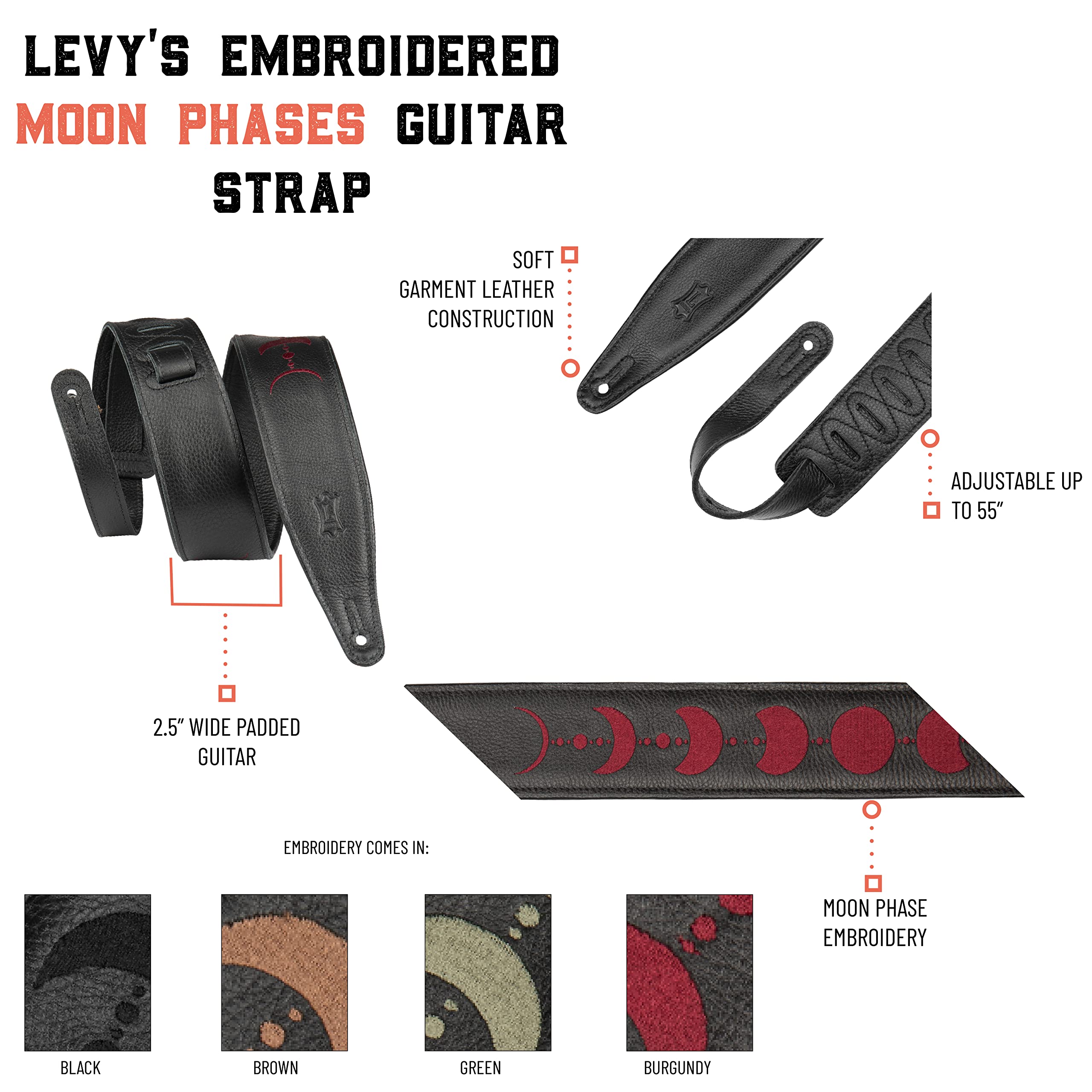 Levy's Leathers Garment Leder Gitarrengurt mit Stickerei Moon Phases
