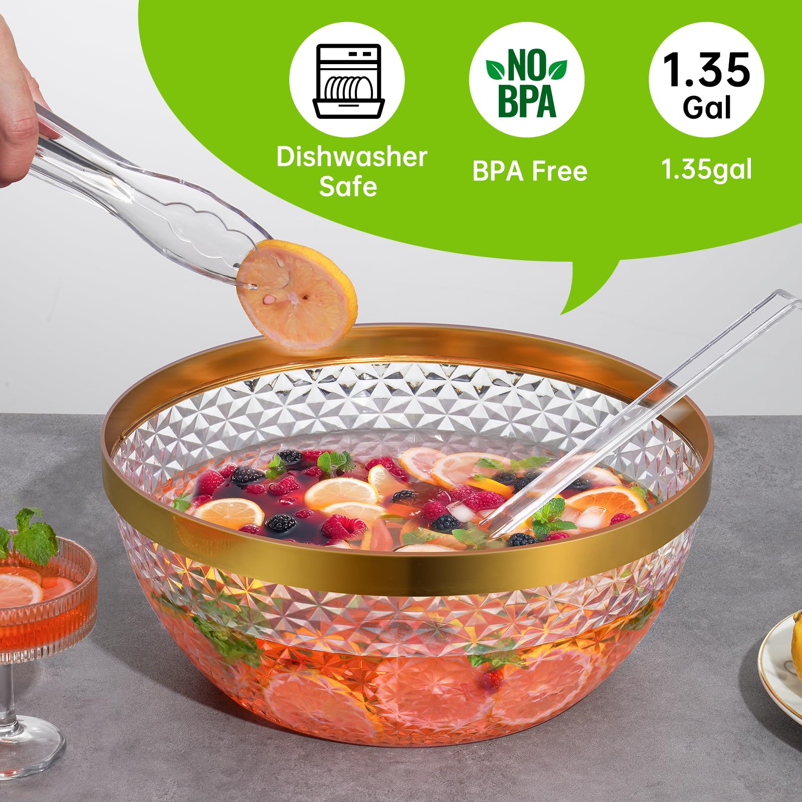 NiHome Vaso trasparente con bordo dorato, 5 l, con mestolo e pinza, ideale per insalate, snack e bevande, perfetto per feste, matrimoni e barbecue