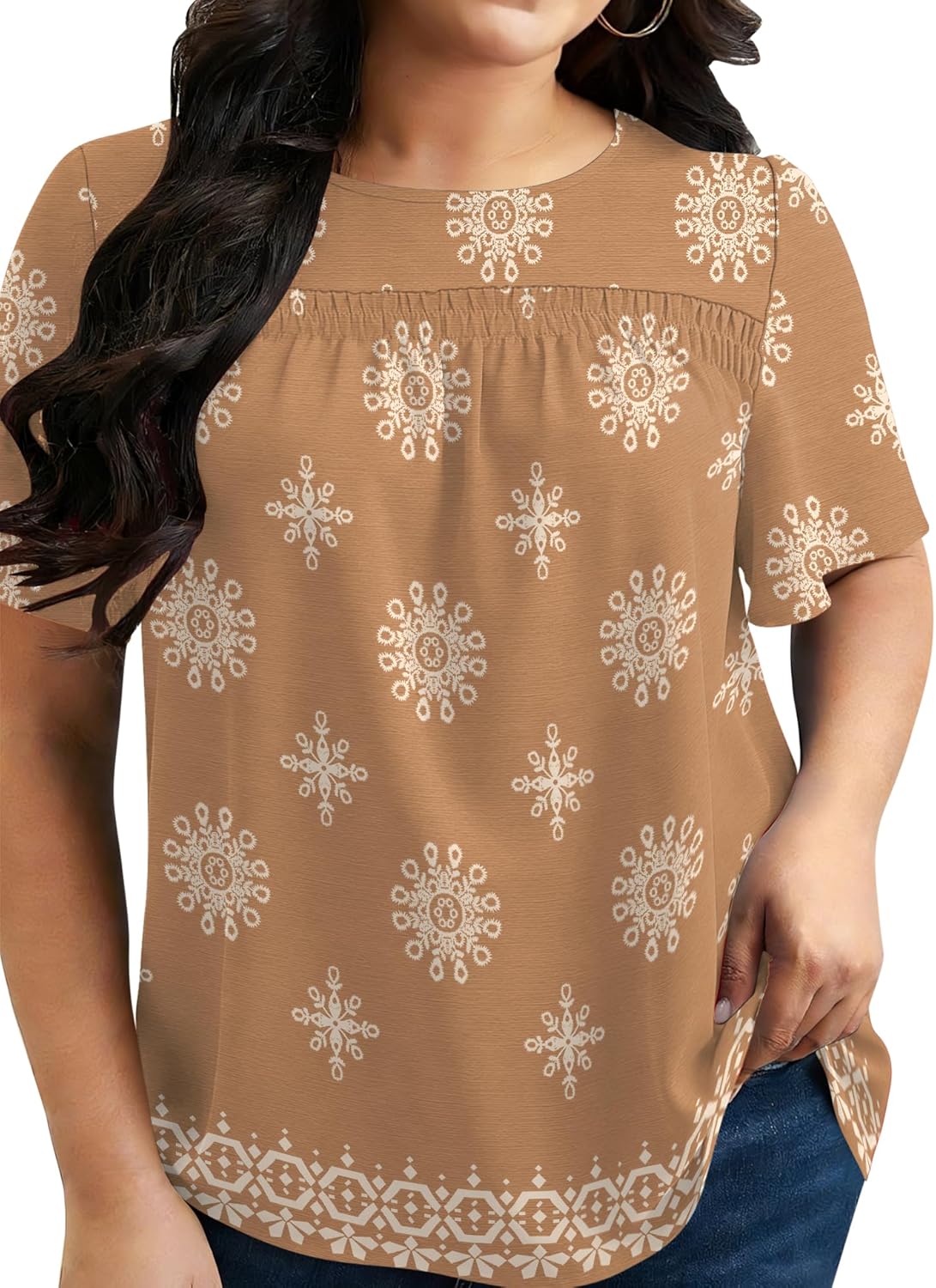 Micoson Womens Plus Size Tops Short Sleeve Dressy Chiffon Blouses Crewneck Shirts Loose Flowy Pleated Tunic