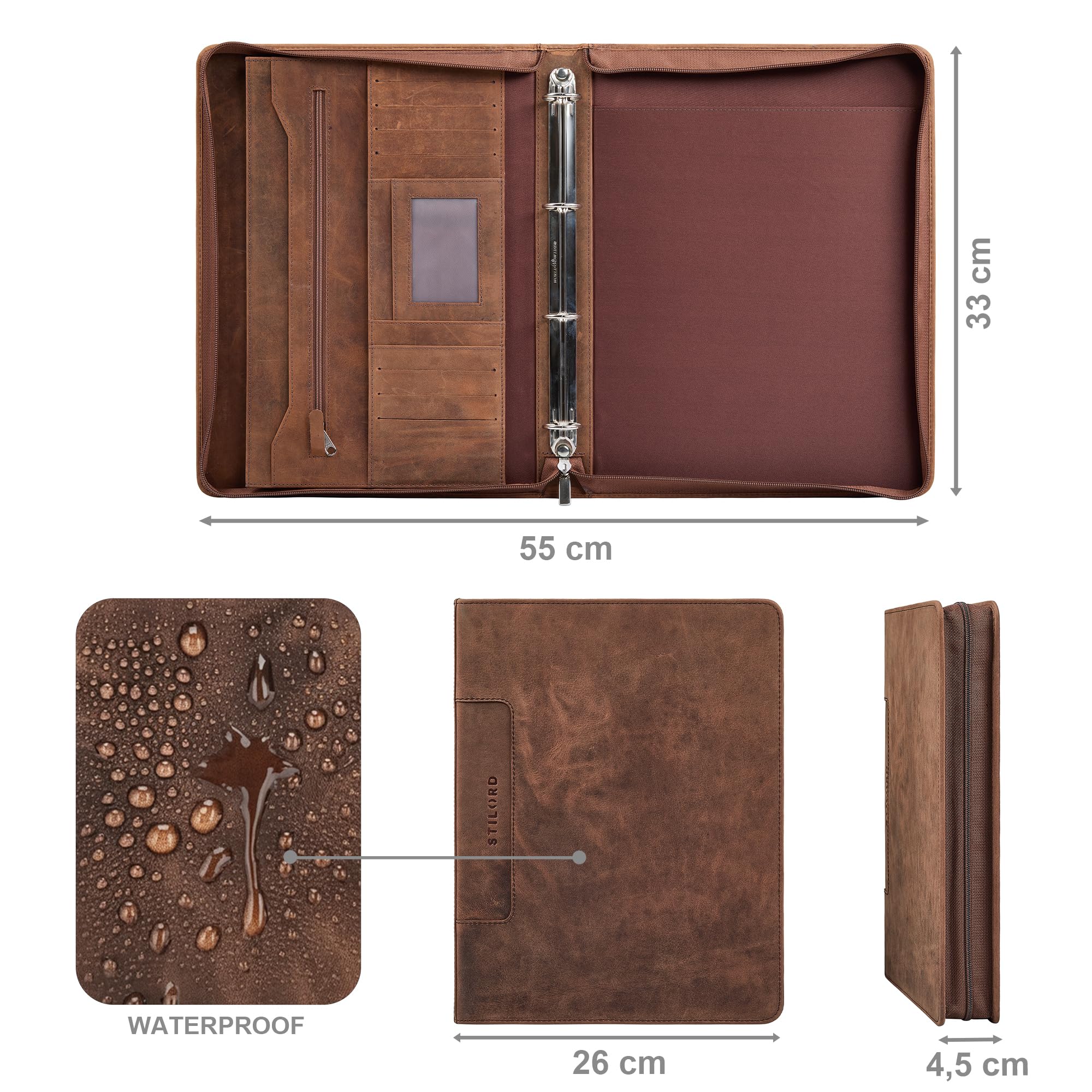 STILORD Don Dokumentenmappe A4 Leder Braun Konferenzmappe mit Ringbuch Vintage Echtleder Mappe Tablet Tasche 11 Zoll Ledermappe Groß Aktenmappe Breit für Arbeit Büro Business