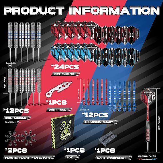 Steel Tip Darts Set, 12Pcs Metal Darts, 23 Grams, Steel Darts, 12pcs dart Shafts, Extra 24pcs Dart Flights, Dart Tools,Dart Accessories, Dart Steel Tip Set
