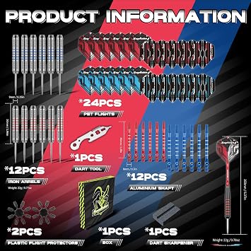 Steel Tip Darts Set, 12Pcs Metal Darts, 23 Grams, Steel Darts, 12pcs dart Shafts, Extra 24pcs Dart Flights, Dart Tools,Dart Accessories, Dart Steel Tip Set