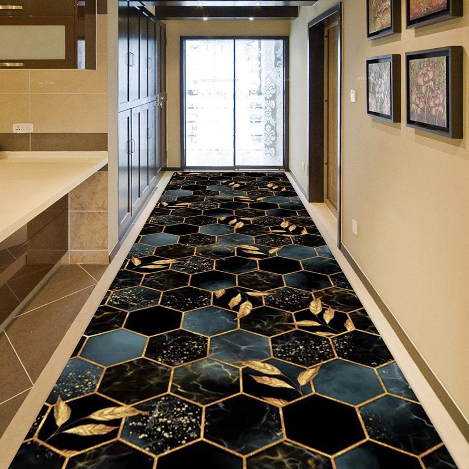 Tapis de couloir géométrique noir 1x3.5m lavable pour cuisine