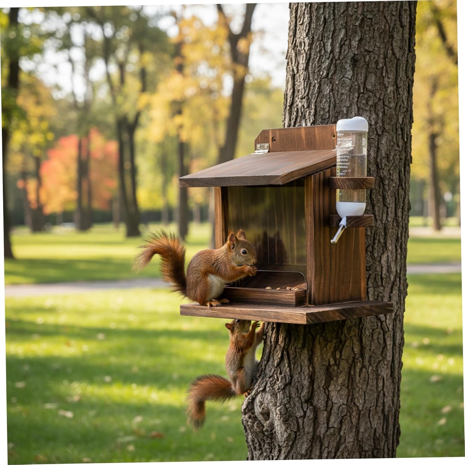 Squirrels Feeder, Wooden Chipmunk Feeder with Water Bottle & Roof, Wall Mount Chipmunk Feeding Station, 9.8x9x7in