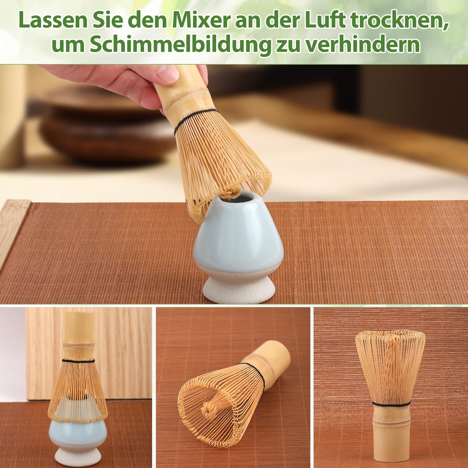 POFIBO Matcha Besen Set - 4-teiliges Matcha Tee Set mit Matcha Whisk, Matcha Löffel, Teepinselhalter aus Keramik, Matcha-Schneebesen-Set, Matchaset, Japanisches Teeset Zubehör für die Matcha-Zeremonie