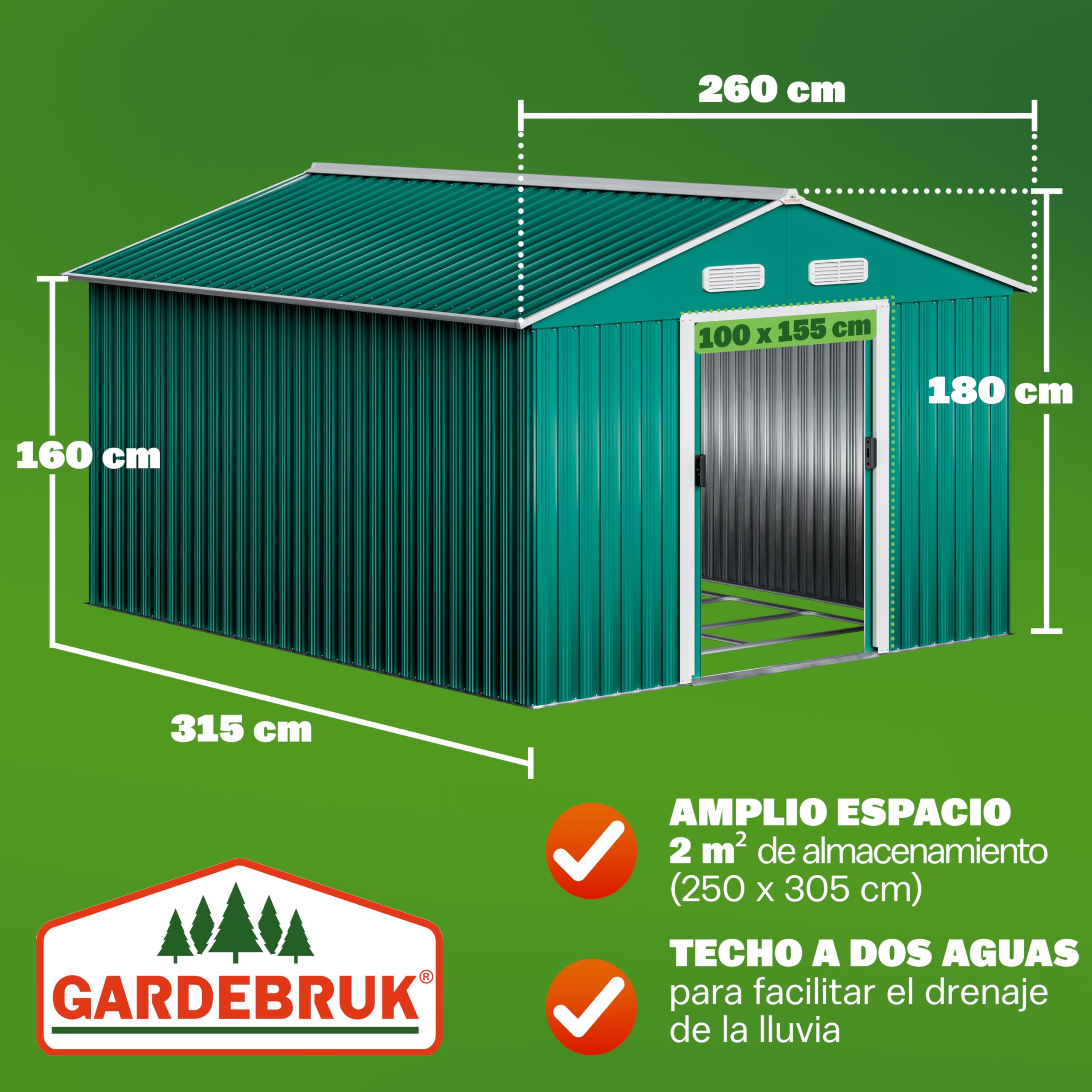 GARDEBRUK® Cobertizo de Jardín 8 m² 312x257x178 cm Caseta Metálica Exterior 15m³ con Base Puerta Corrediza Verde