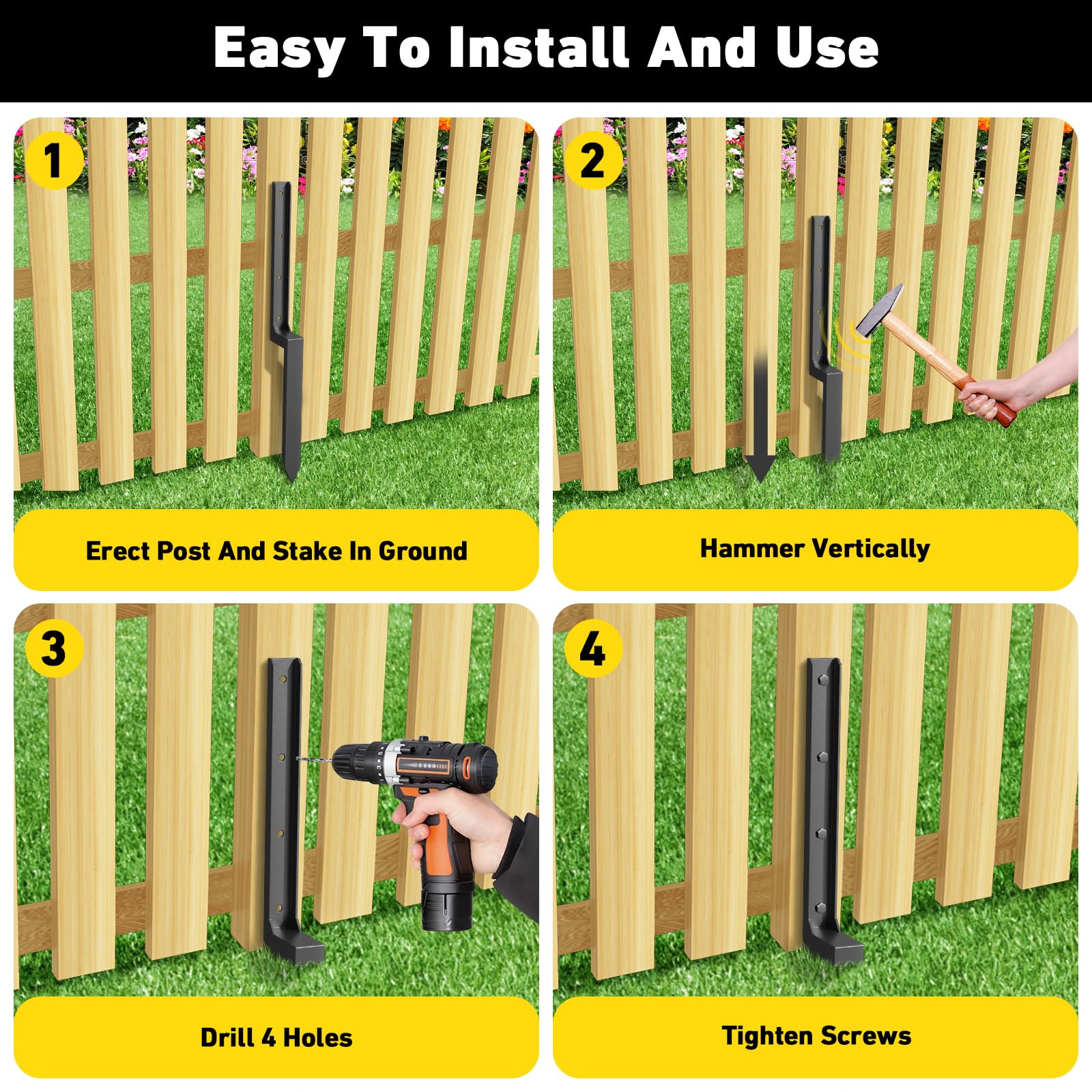 Heavy Duty Fence Post Repair Stakes – 80cm Galvanised Steel Spikes With Screws & Tools To Fix Leaning Wooden Fences-566654