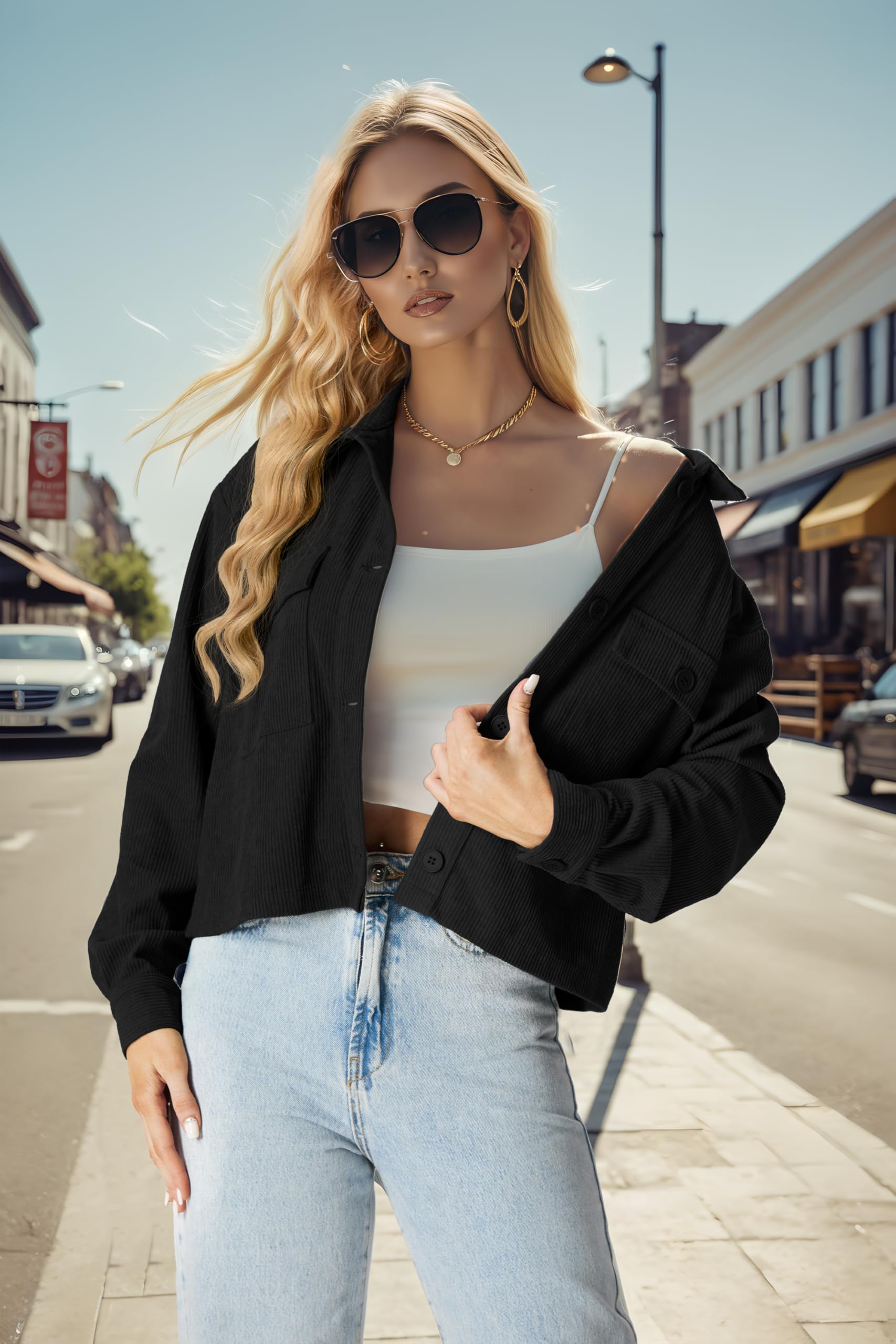 IWOLLENCE Veste en velours côtelé pour femme - Manches longues - Revers - Boutonné - Manteau shacket