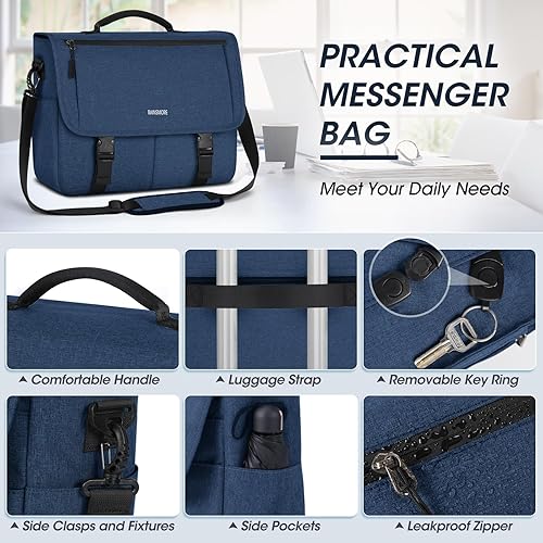 Miniatura 4 de RAINSMORE Bolsa tipo mensajero para hombre, bolsa de mensajero de 15.6 pulgadas, resistente al agua, bolsa casual para hombre, bolsa grande para